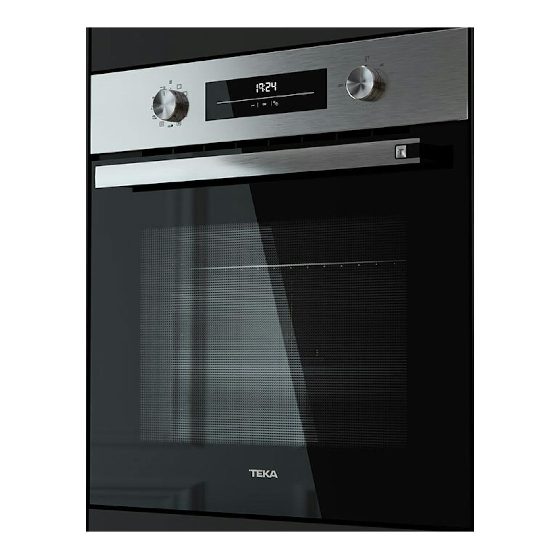 Horno Teka HSB6350P Inox, vista frontal, con panel de acero inoxidable, dos mandos y puerta de cristal negro.