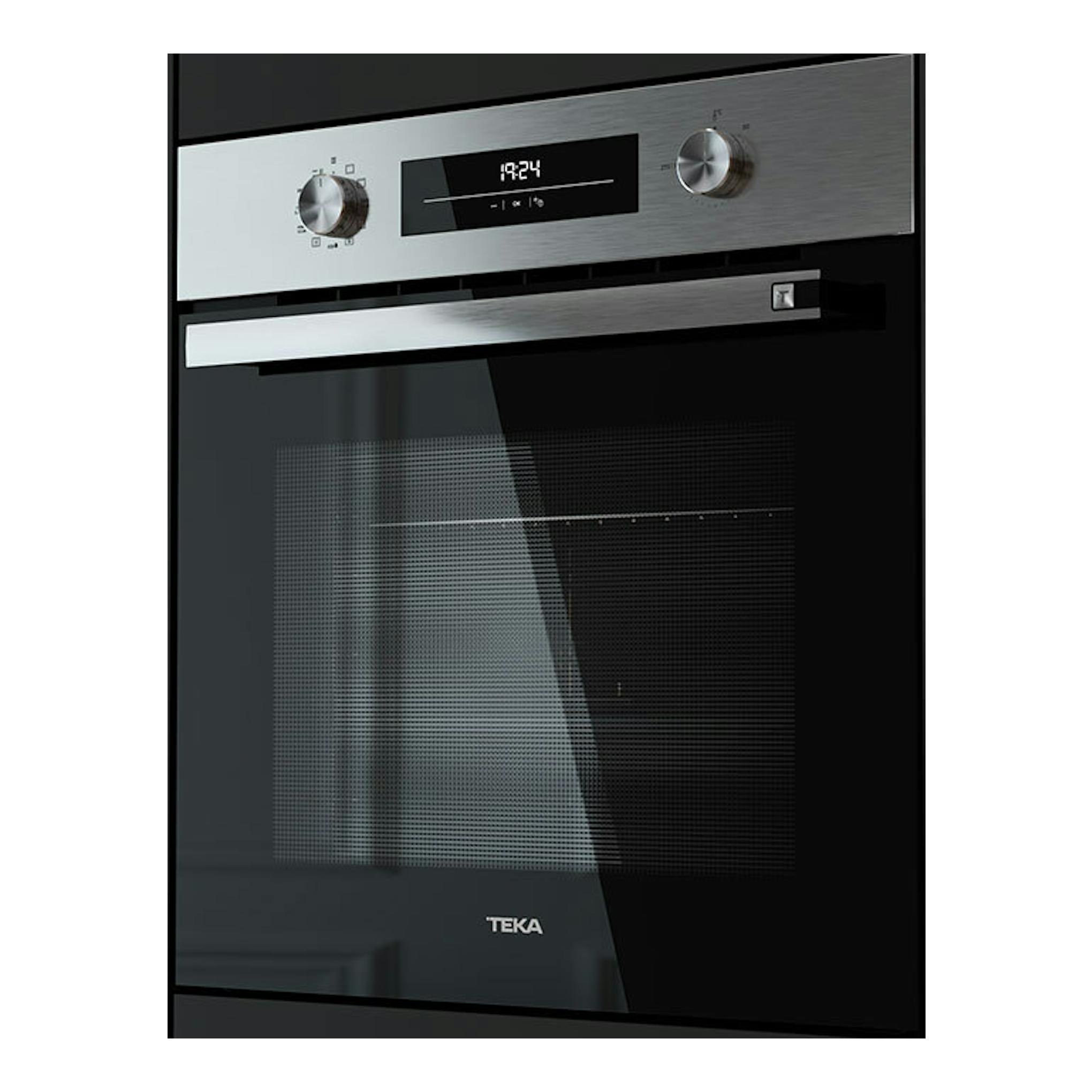 Horno Teka HSB6350P Inox, vista frontal, con panel de acero inoxidable, dos mandos y puerta de cristal negro.