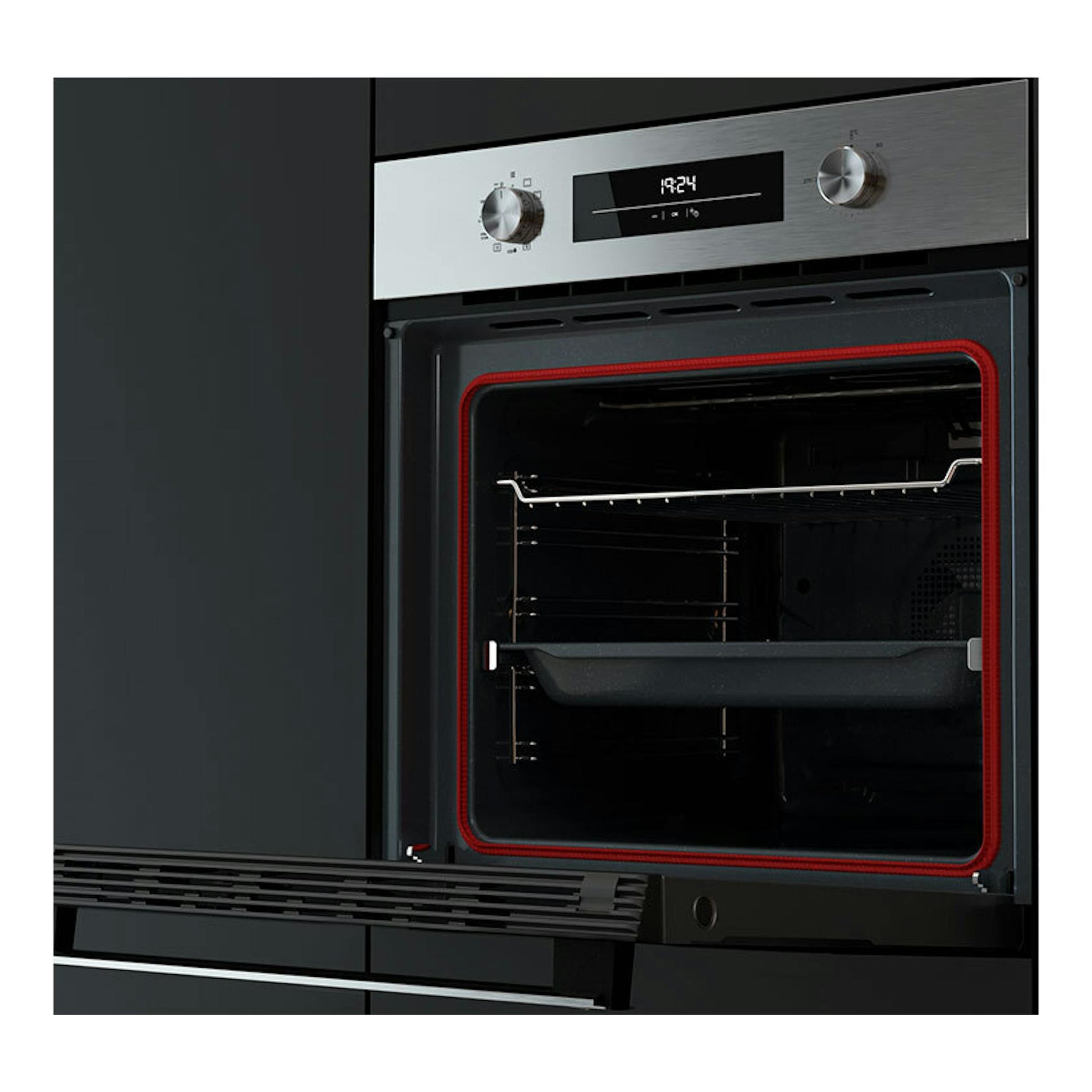 Horno empotrado Teka HSB6350P Inox, vista frontal con puerta abierta, panel digital y mandos plateados.