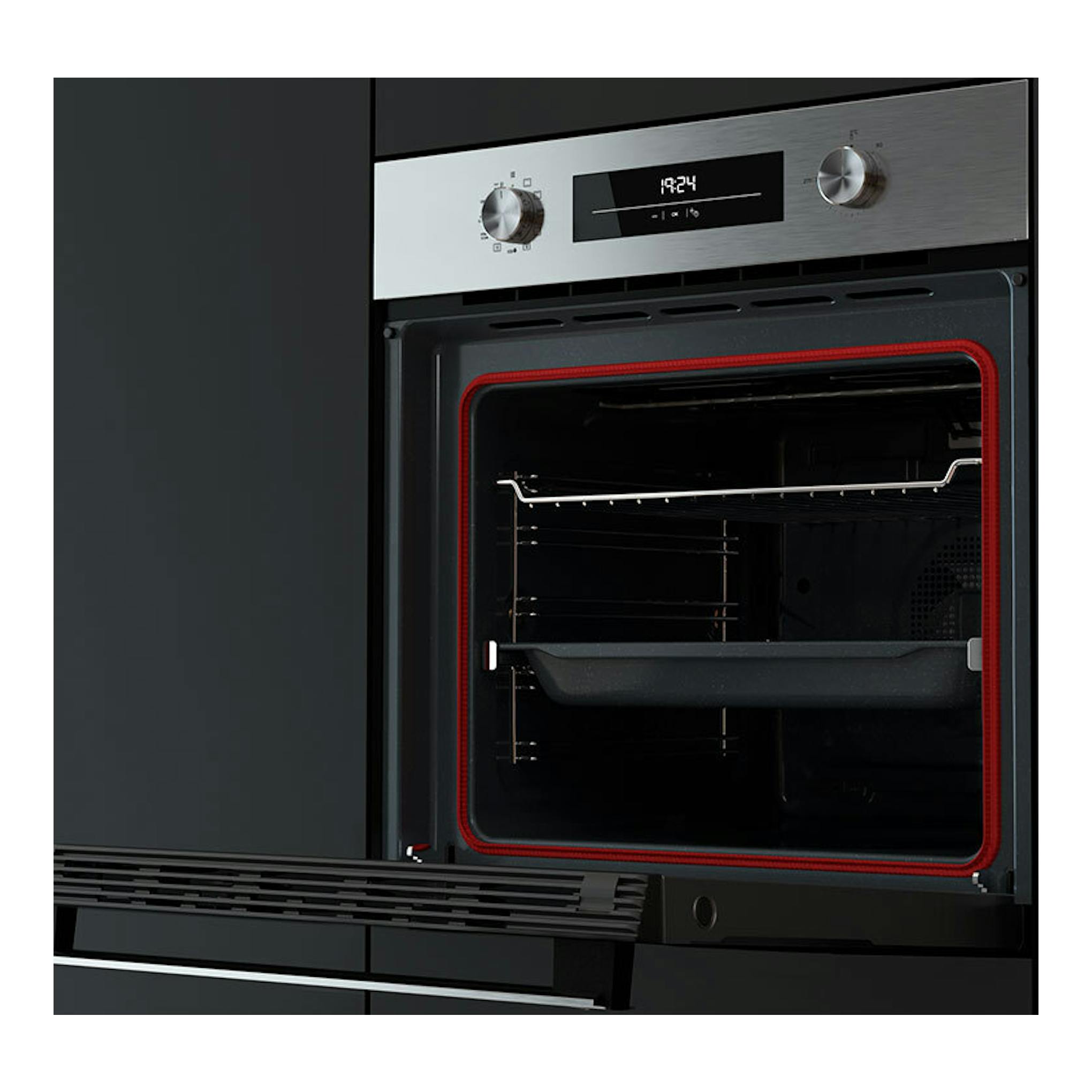 Horno empotrado Teka HSB6350P Inox, vista frontal con puerta abierta, panel digital y mandos plateados.