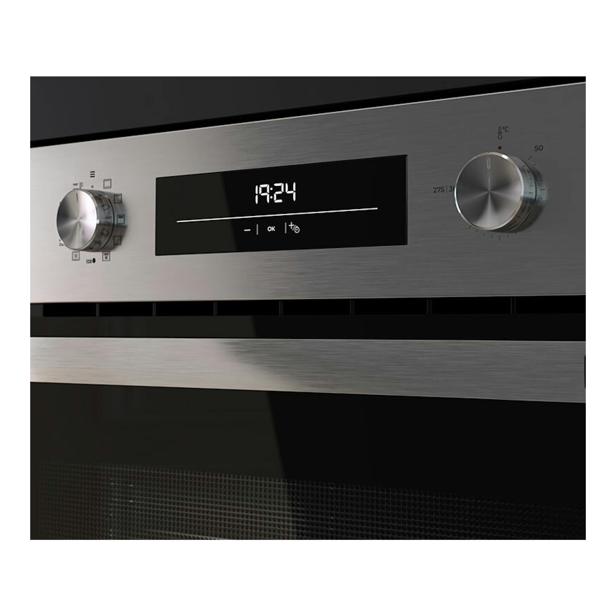Horno Teka HSB6350P inox, vista frontal, panel en acero inoxidable con pantalla digital y dos mandos.