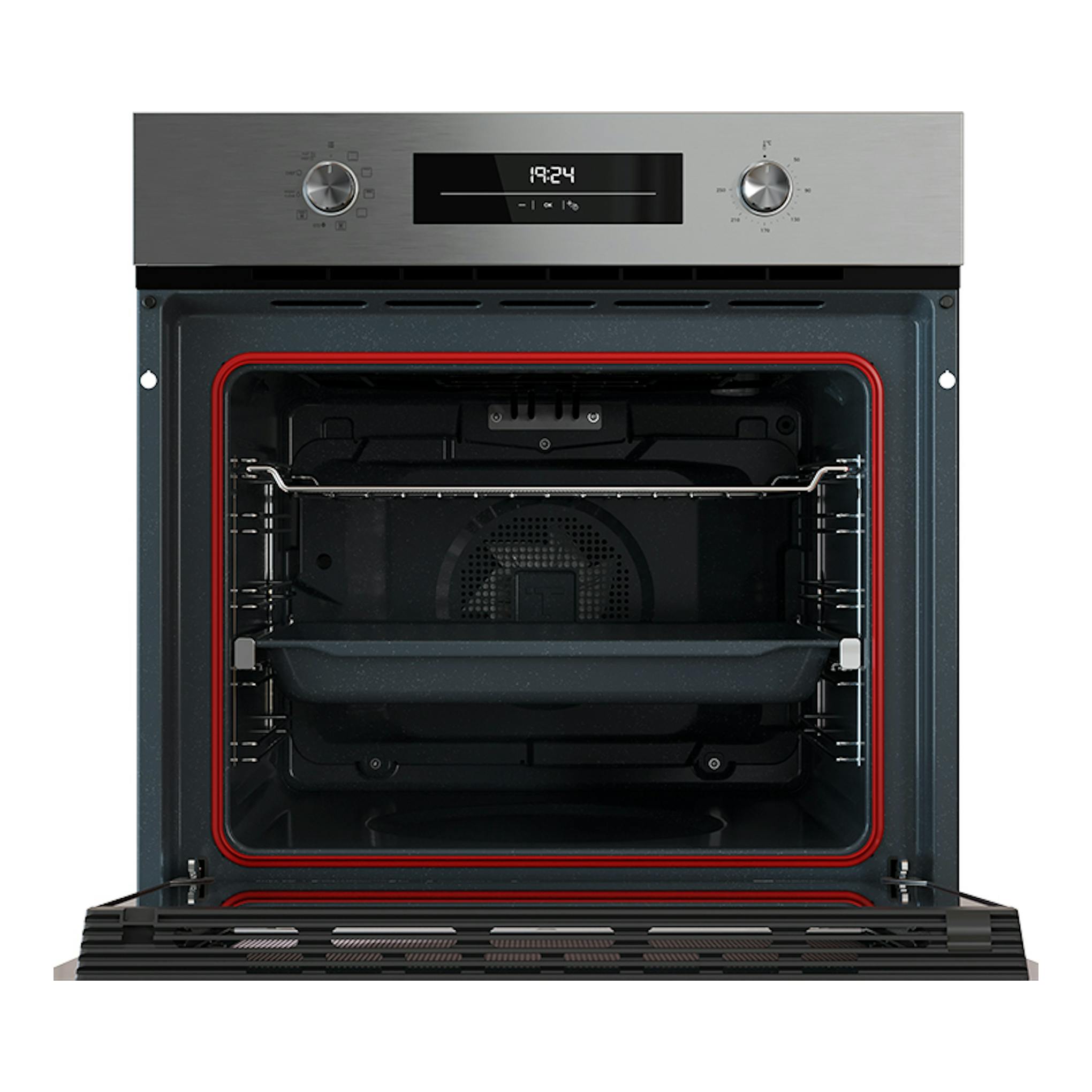 Horno Teka HSB6360 Inox, vista frontal con la puerta abierta, interior negro y panel superior inoxidable.