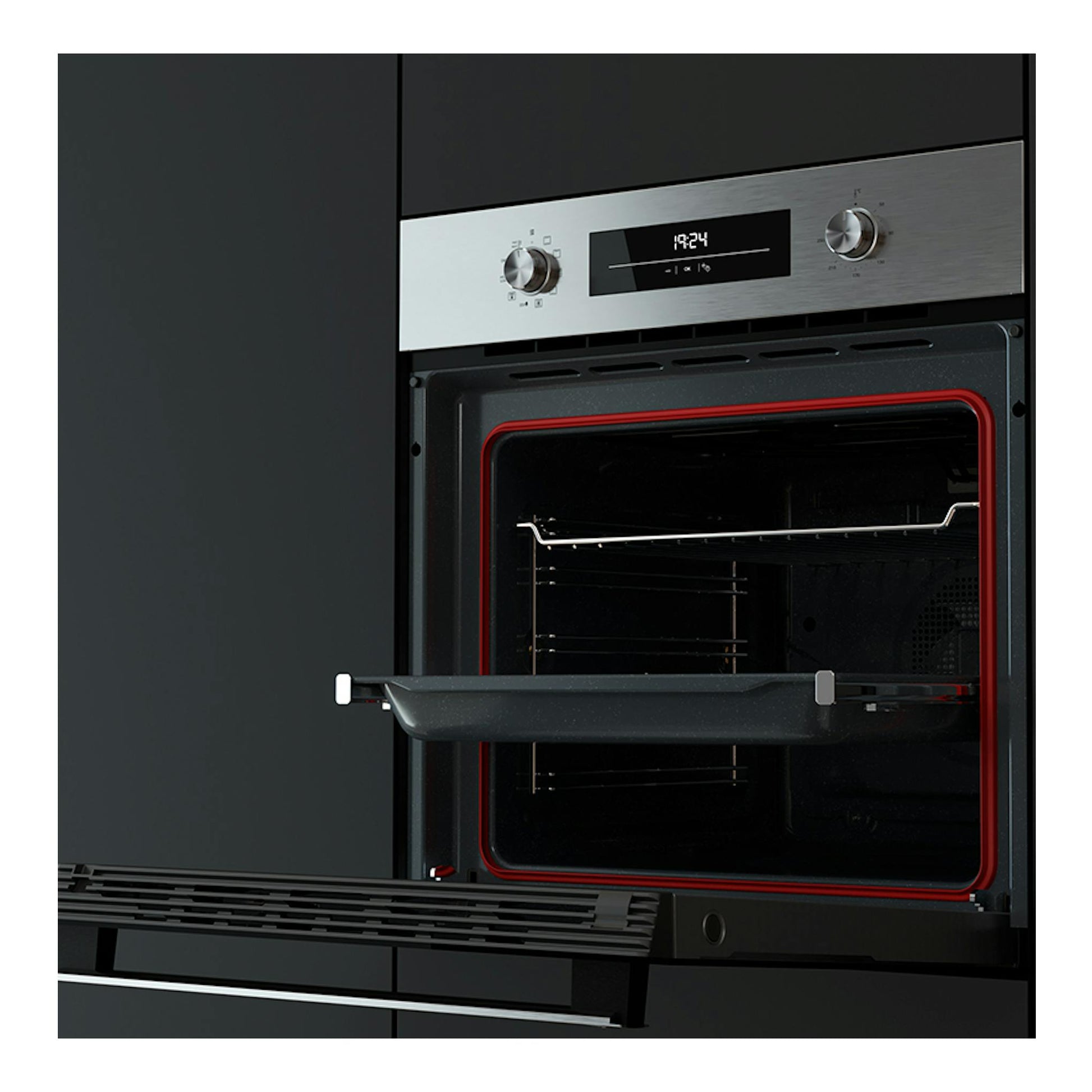 Horno empotrable Teka HSB6360 Inox, vista frontal con puerta abierta, panel inox y cavidad negra.
