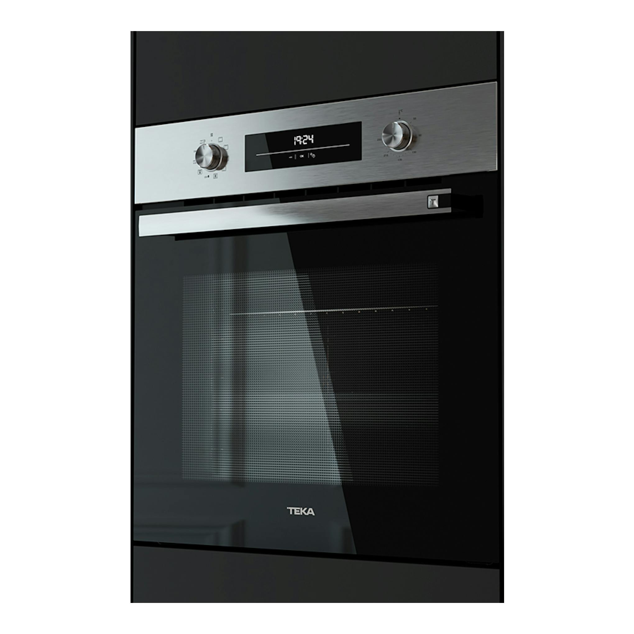Horno empotrado Teka HSB6360 Inox, vista frontal, negro con panel y mandos en acero inoxidable.