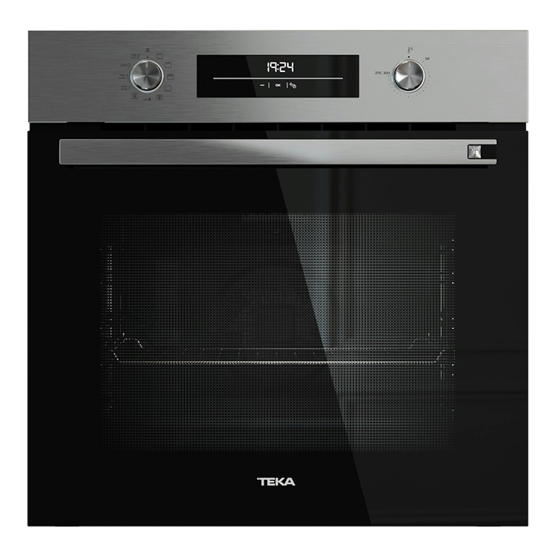 Horno Teka HSB6360P Inox, vista frontal, puerta negra con panel superior inoxidable y display digital.