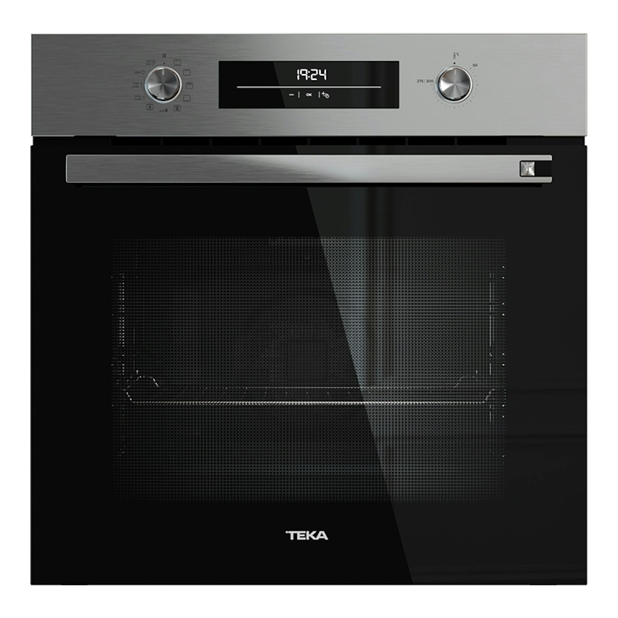 Horno Teka HSB6360P Inox, vista frontal, puerta negra con panel superior inoxidable y display digital.