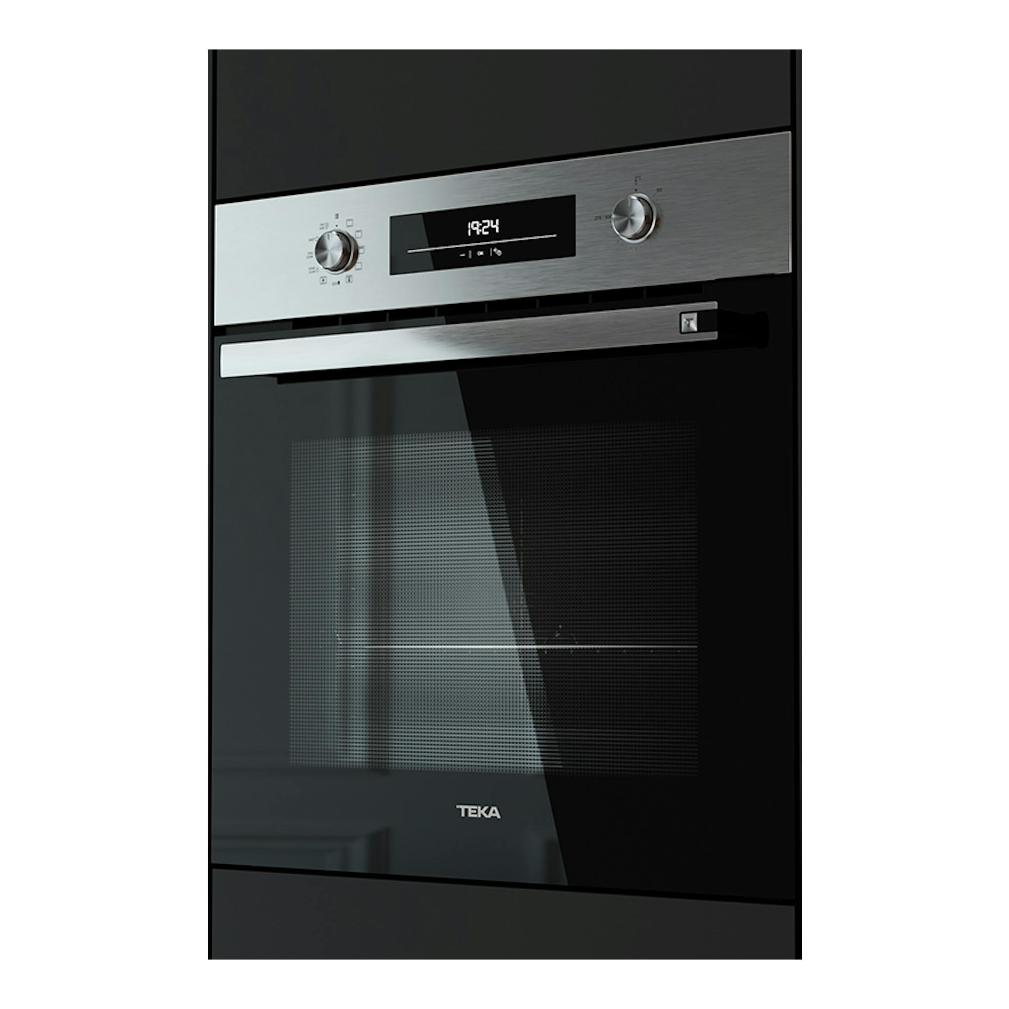 Horno Teka HSB6360P Inox, vista frontal, con panel inoxidable, puerta negra y mandos giratorios.
