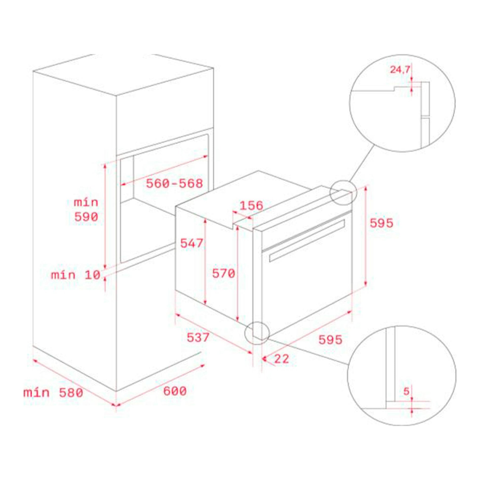 Diagrama técnico de instalación de horno Teka HSB6360P inox, vista isométrica con medidas en rojo.