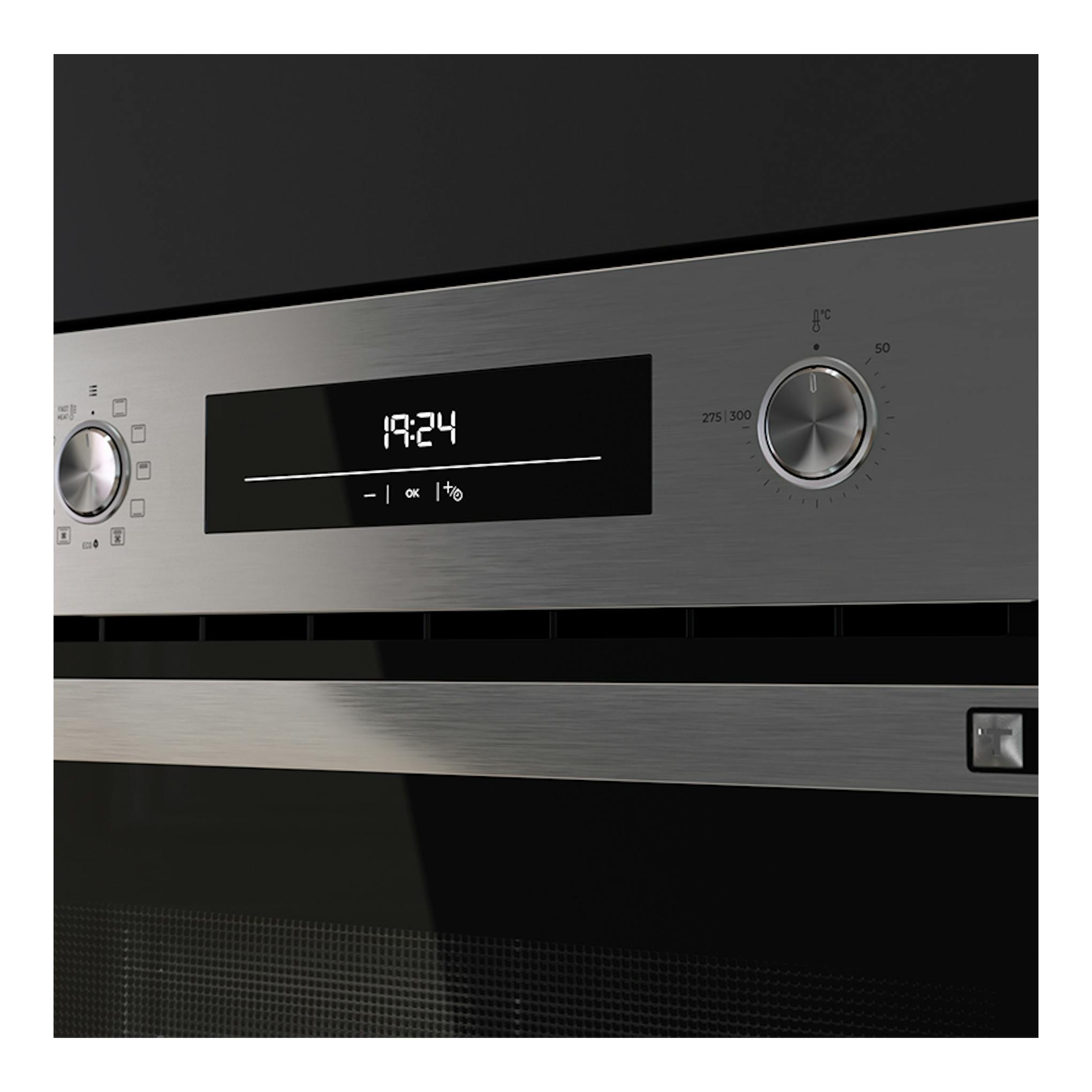 Horno Teka HSB6360P Inox de acero inoxidable, vista frontal con display digital y dos mandos giratorios.