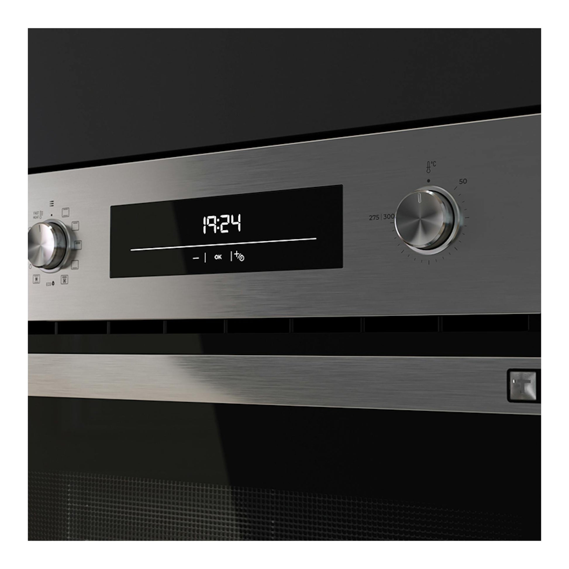 Horno empotrado Teka HSB6360P inox, vista frontal, con panel digital y mandos giratorios.