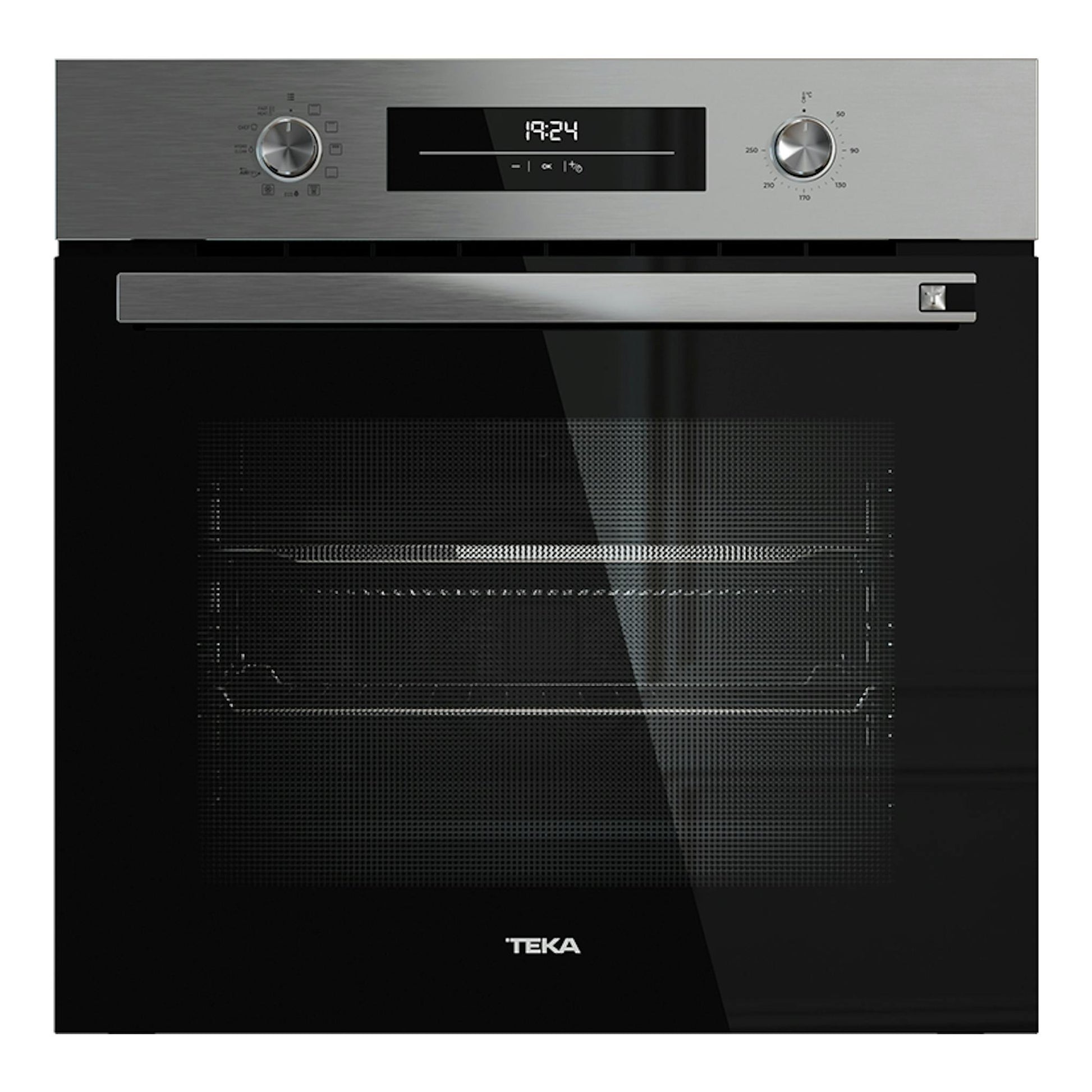 Horno Teka HSB6466 Inox, vista frontal, puerta de cristal negro y panel superior de acero inoxidable.
