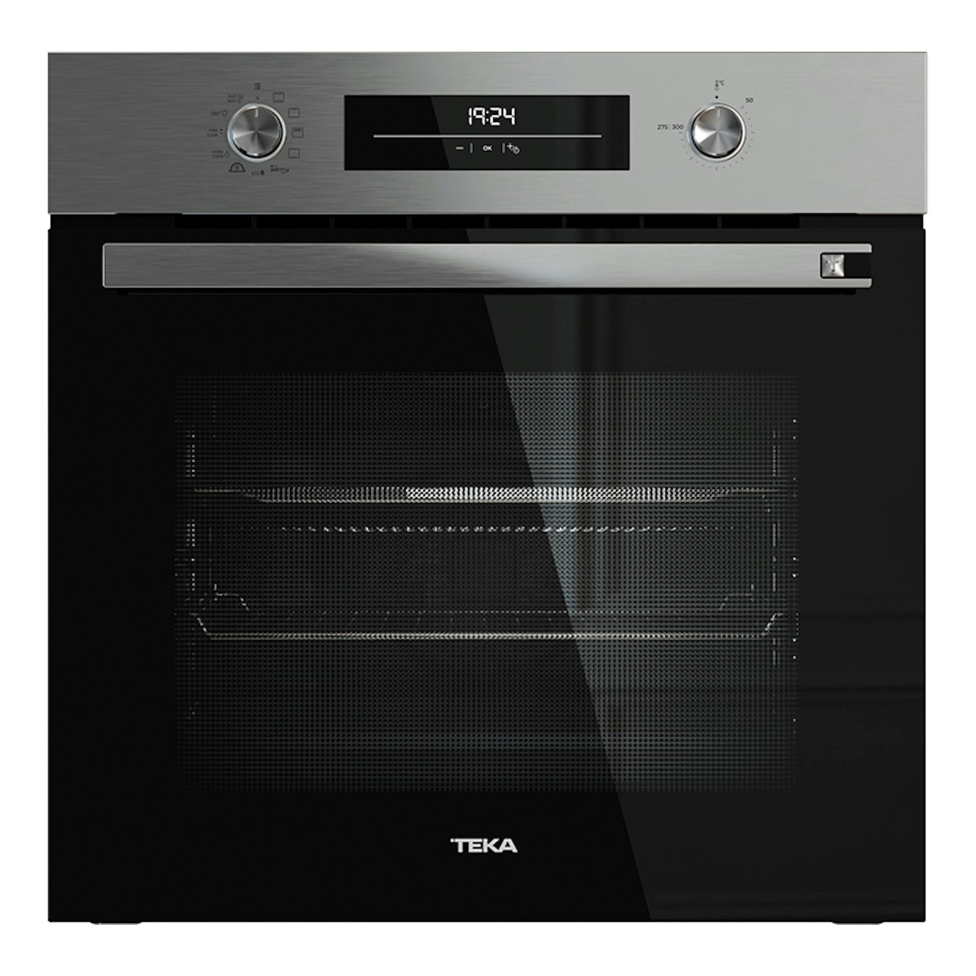 Horno empotrable Teka HSB6466P en acero inoxidable y cristal negro, vista frontal con panel digital y dos mandos.