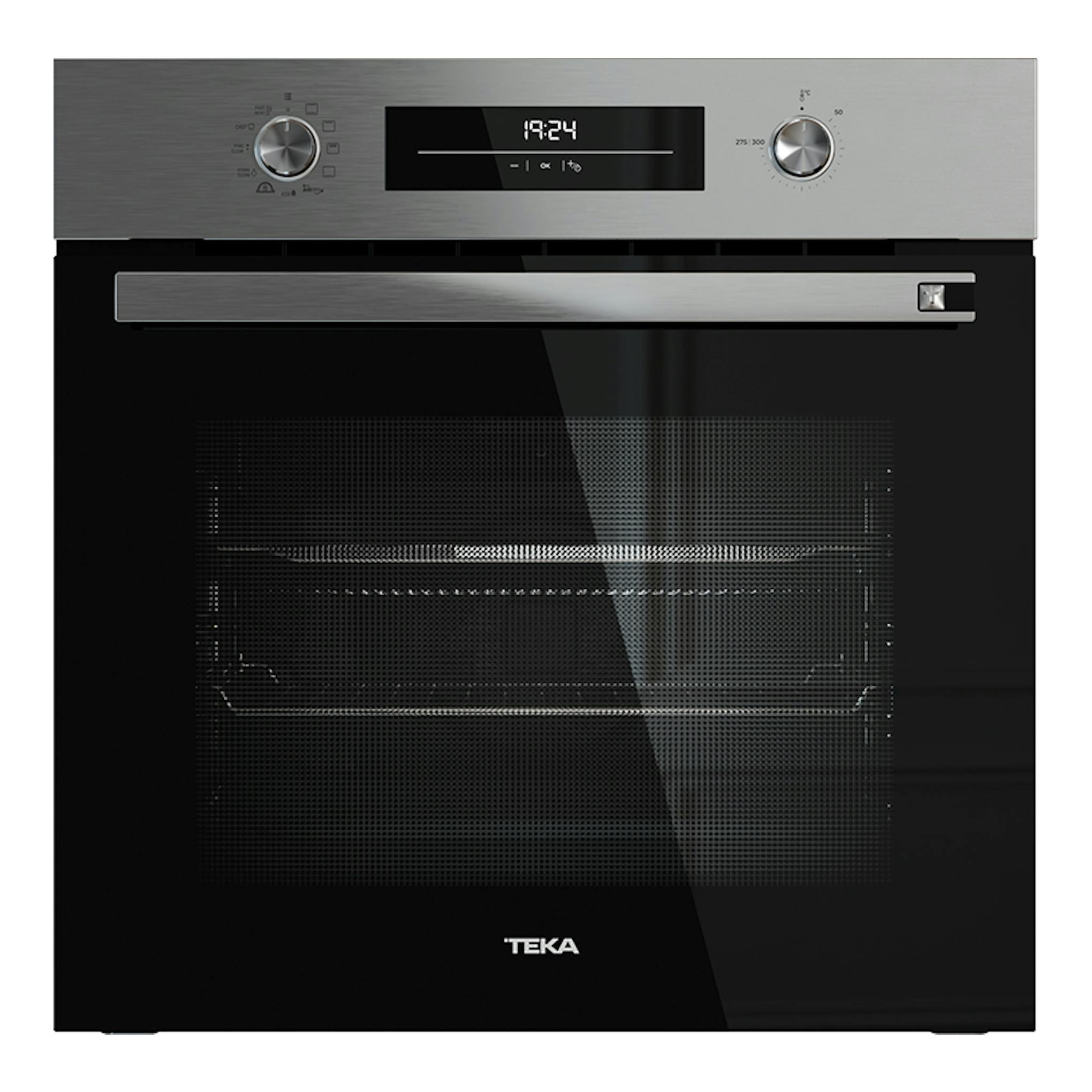 Horno empotrable Teka HSB6466P en acero inoxidable y cristal negro, vista frontal con panel digital y dos mandos.