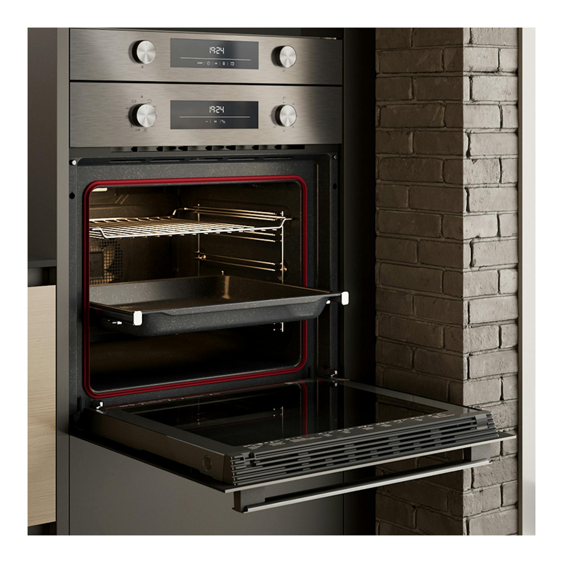 Horno Teka HSB6466P Inox empotrado, puerta abatible abierta, interior visible, frontal inox y negro.