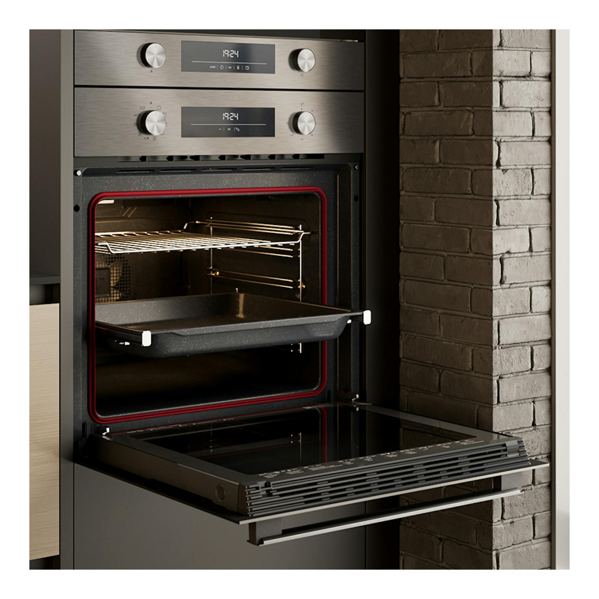 Horno Teka HSB6466P Inox empotrado, puerta abatible abierta, interior visible, frontal inox y negro.