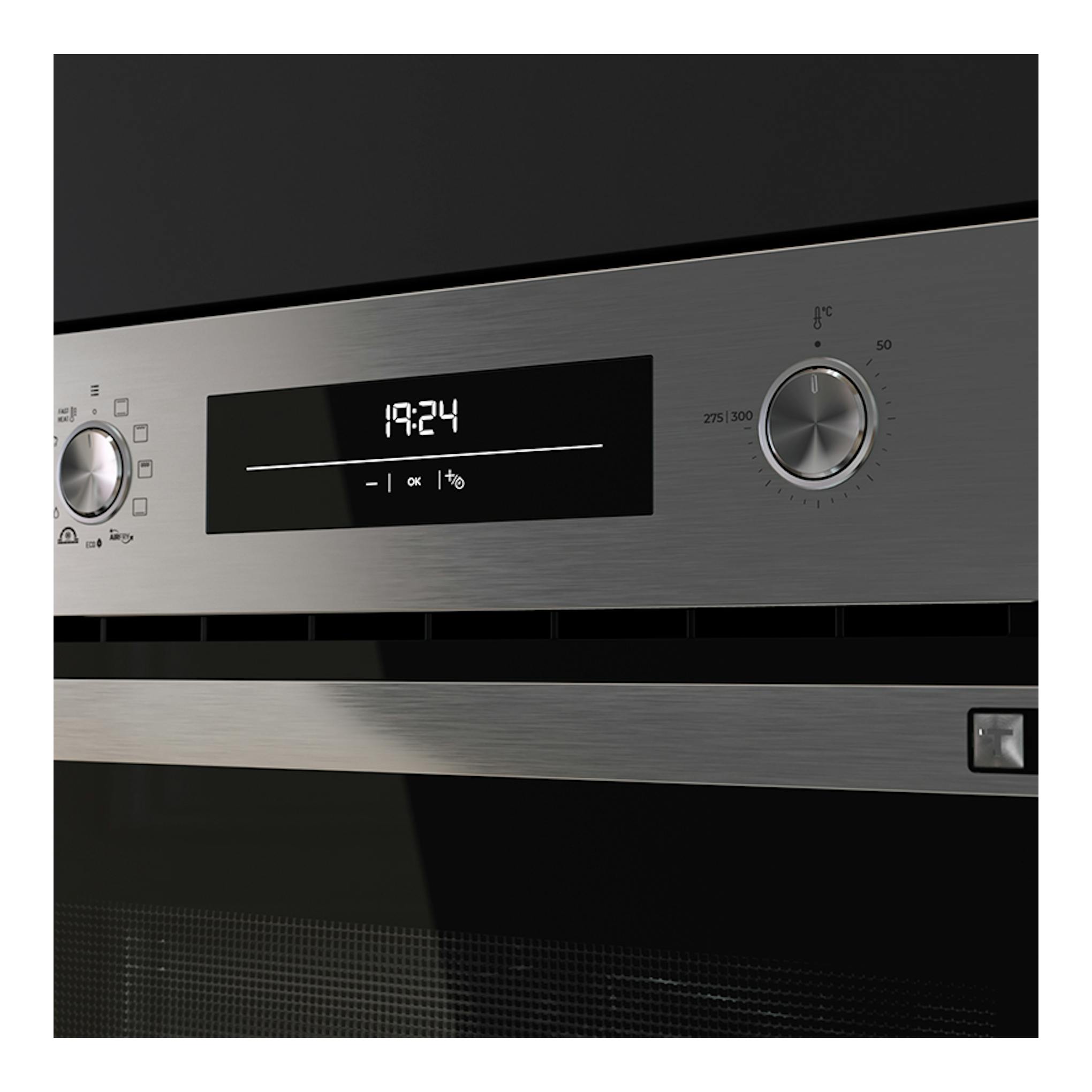 Horno empotrable Teka HSB6466P Inox, vista frontal, acero inoxidable con puerta de cristal negro y panel digital.