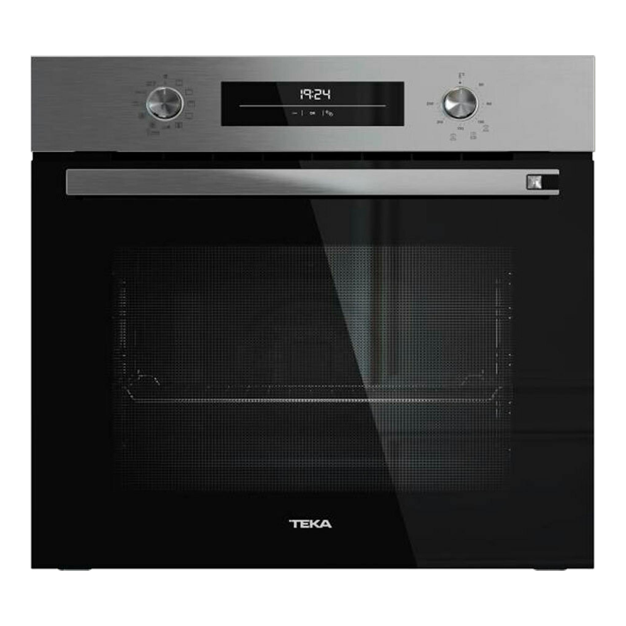 Horno Teka HSB6648 EasySteam Inox, vista frontal, acabado inox y puerta de cristal negro.