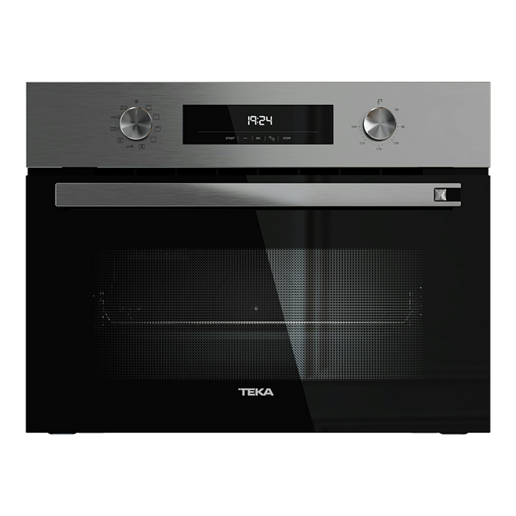 Horno Teka HSC6350 Inox empotrable, vista frontal, acero inoxidable y puerta de vidrio negro.