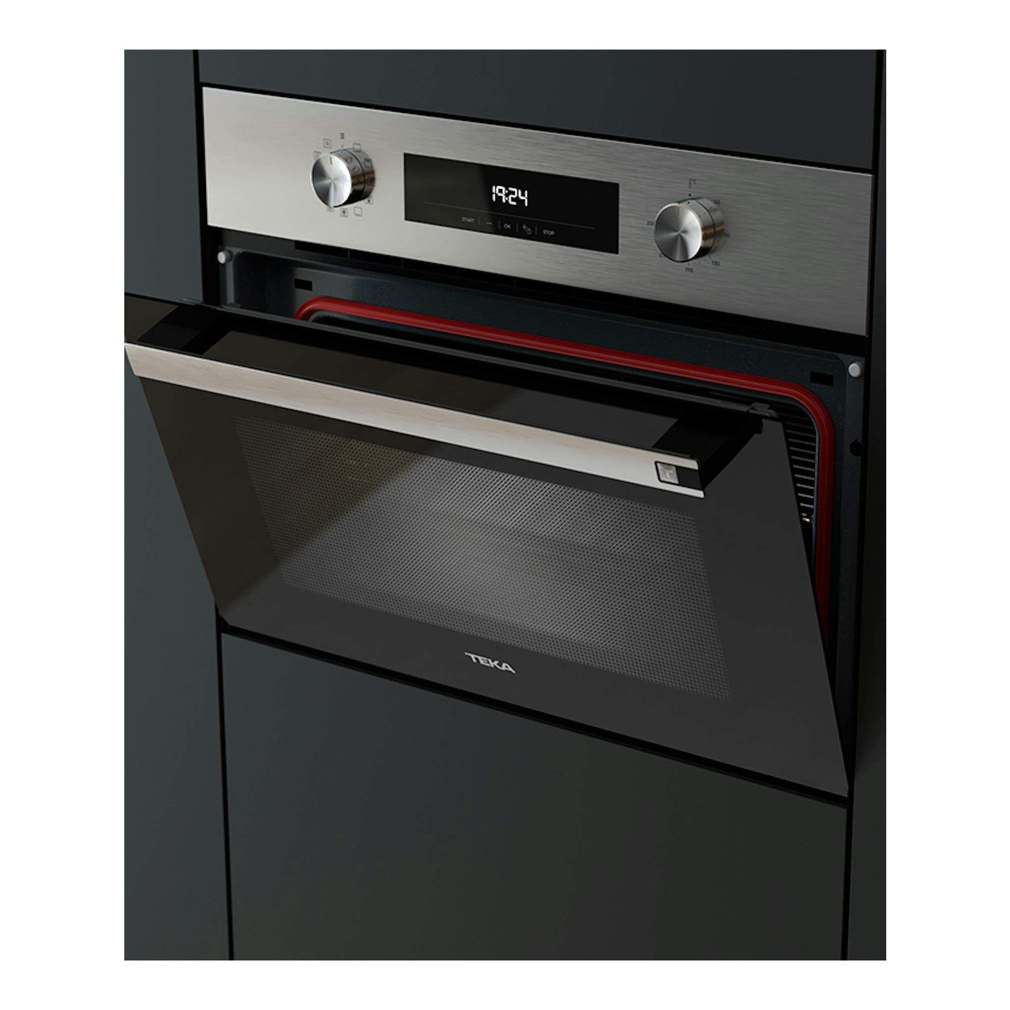 Horno Teka HSC6440CS inox, vista frontal inclinada, panel de acero inoxidable, puerta de vidrio negra abierta.