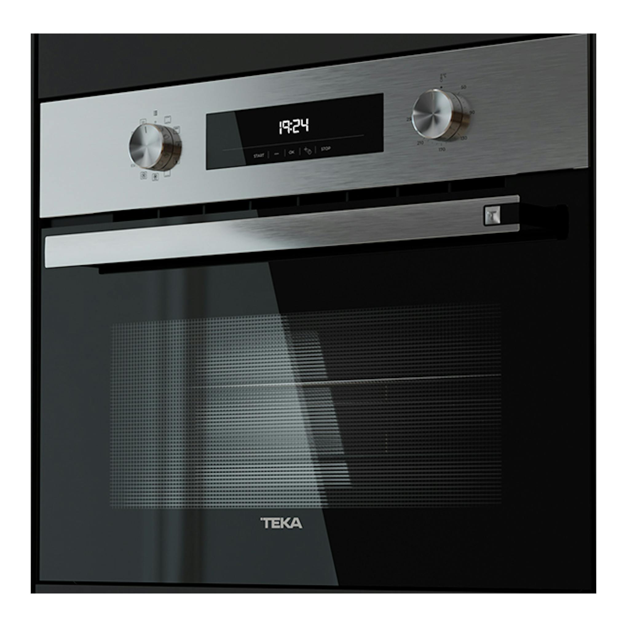 Horno Teka HSC6440CS inox, vista frontal, puerta de cristal negro y panel superior inoxidable con dos mandos.