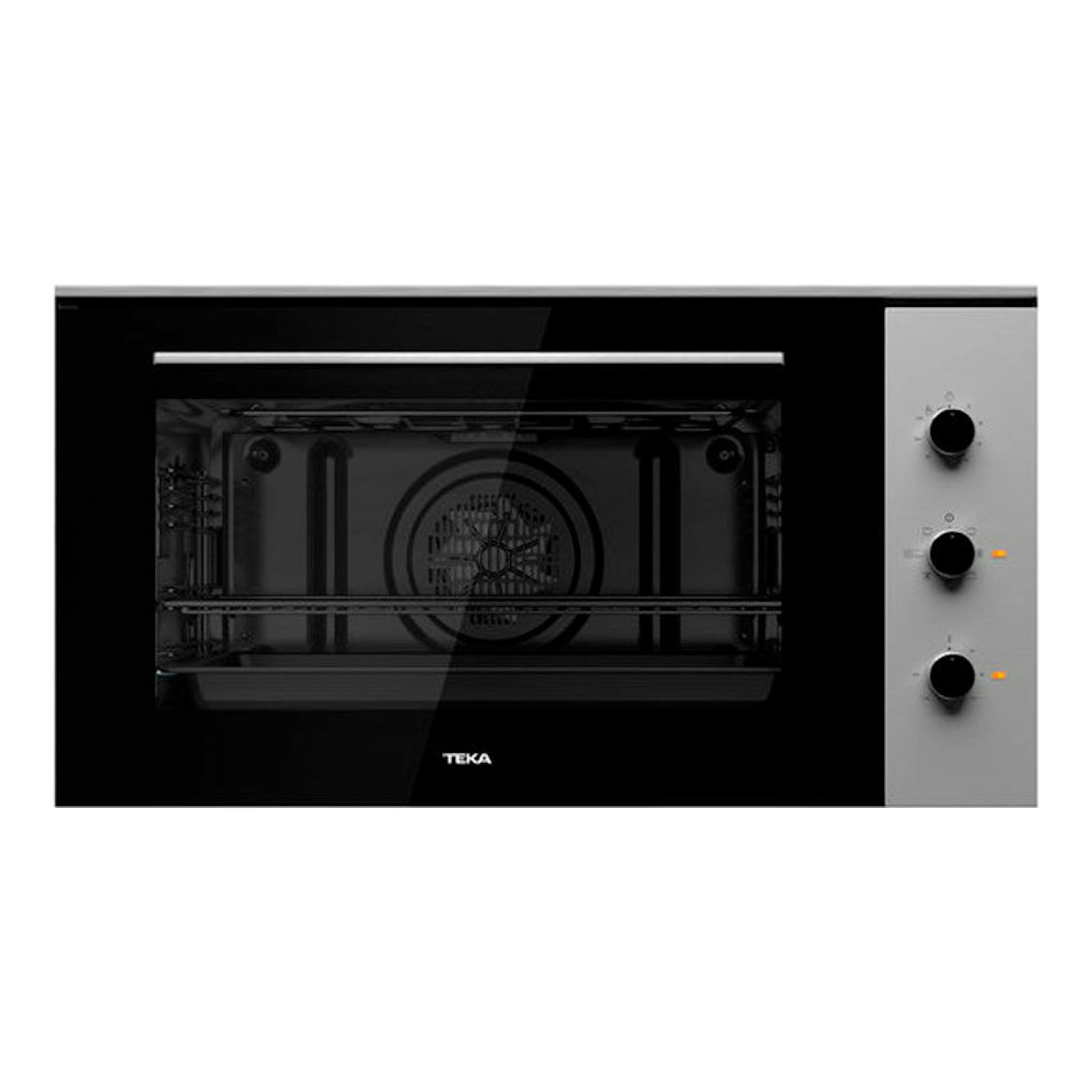 Horno Teka HSF 900 Inox, vista frontal, puerta de cristal negra y panel lateral inox con tres mandos.