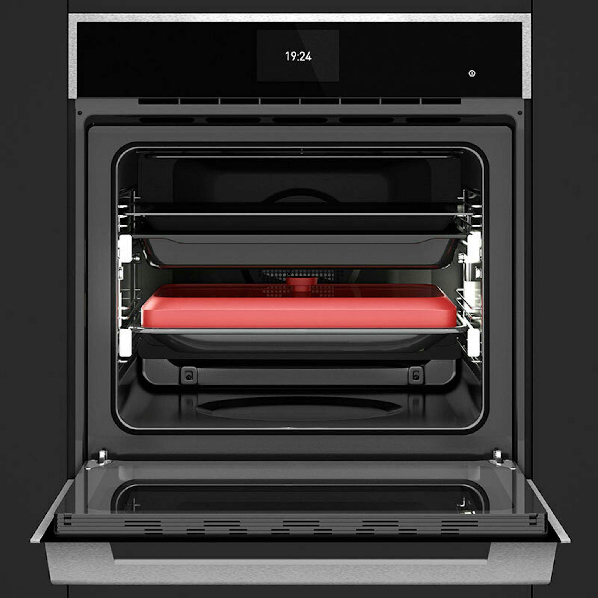 Horno Teka iOVEN P Negro con interior abierto y bandeja roja
