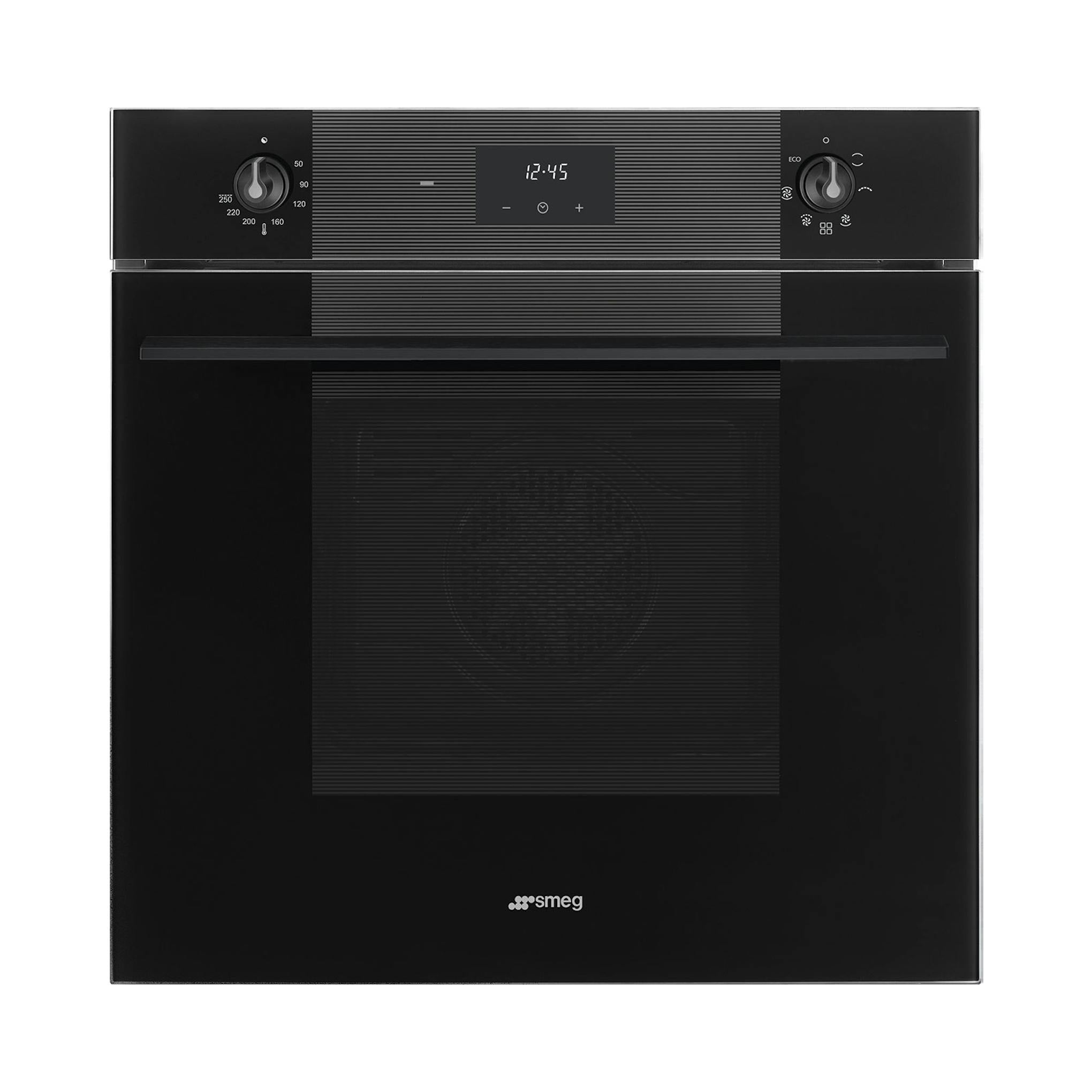Horno ventilado Smeg SF6100VB3 negro, vista frontal, sobre fondo blanco.