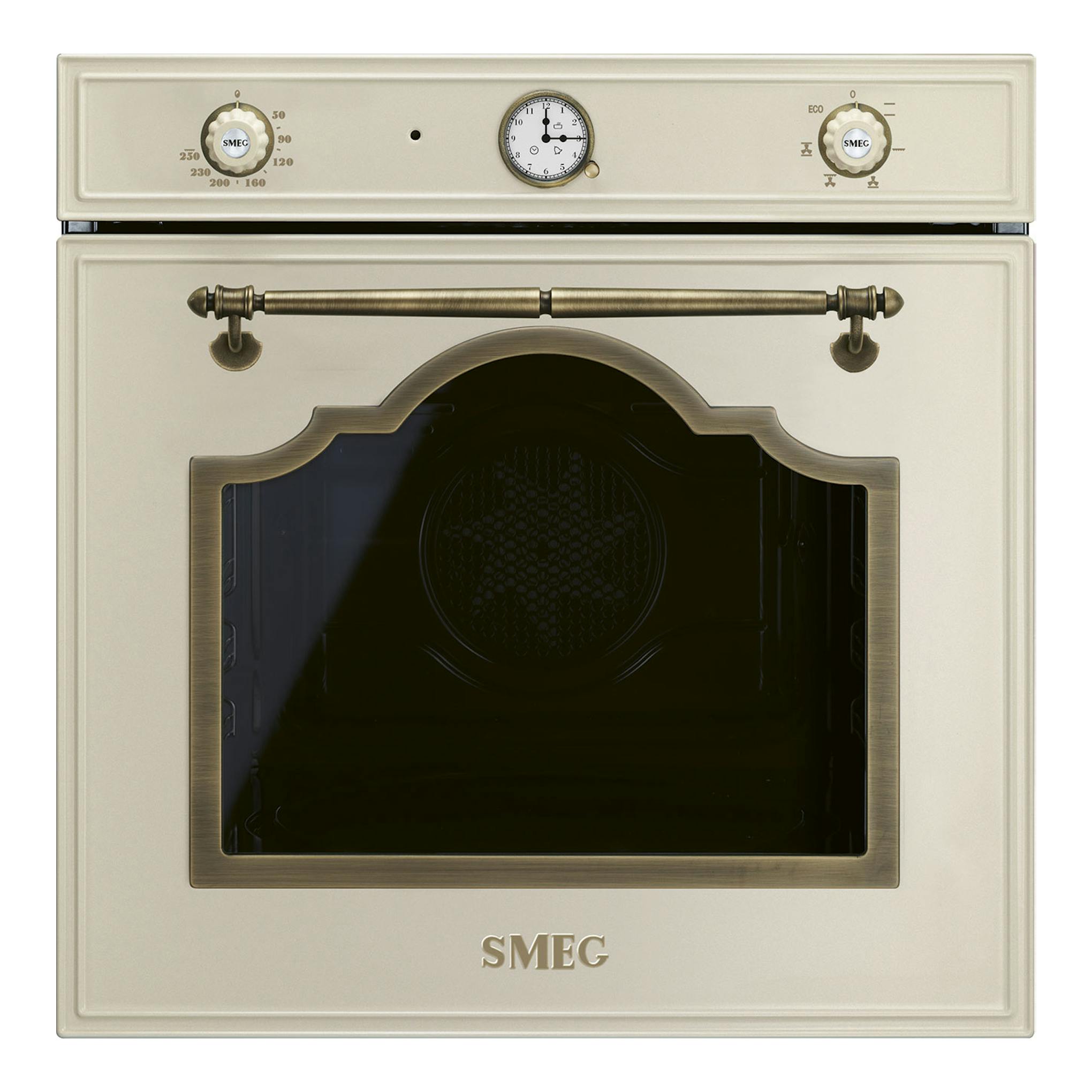 Horno Smeg SF67C1PO color crema, vista frontal, con puerta de cristal, reloj analógico y dos mandos.