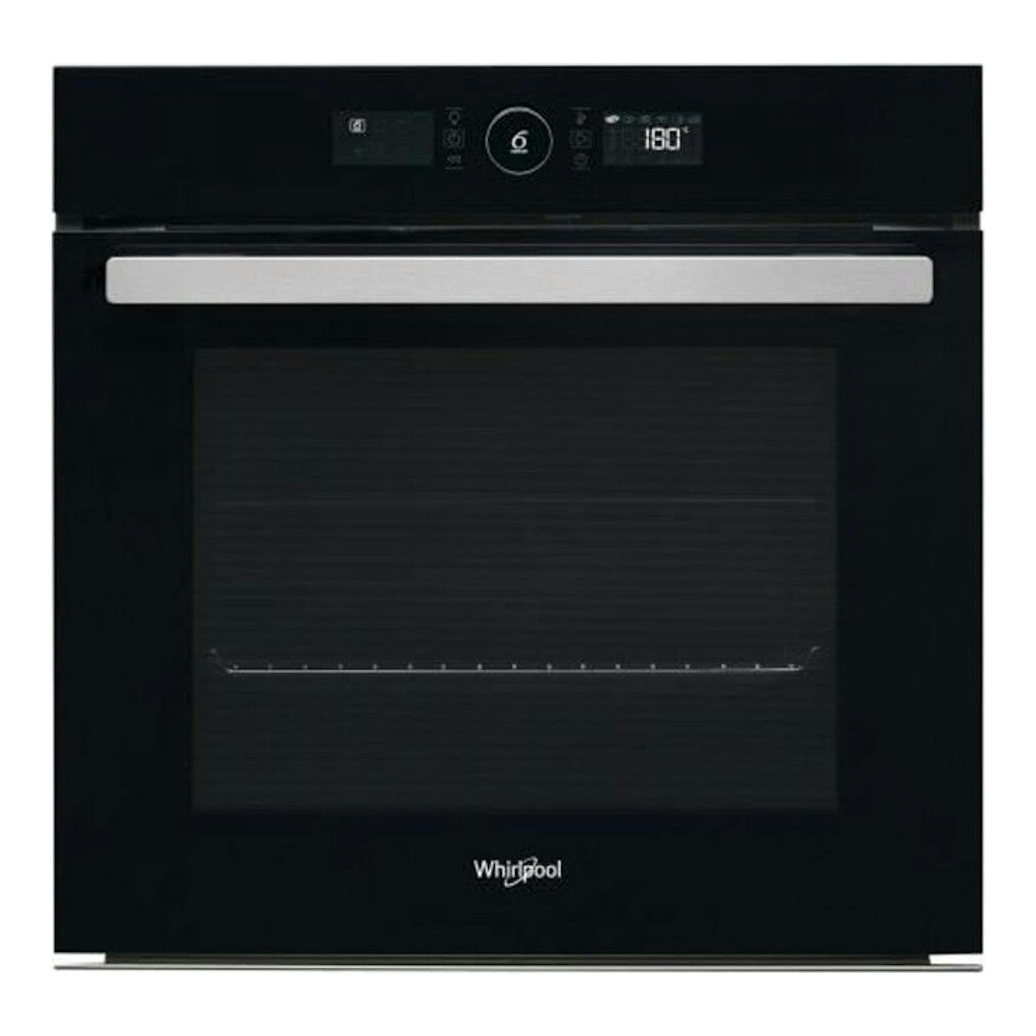 Horno Whirlpool AKZ96290NB negro, vista frontal, con panel digital y puerta de vidrio.