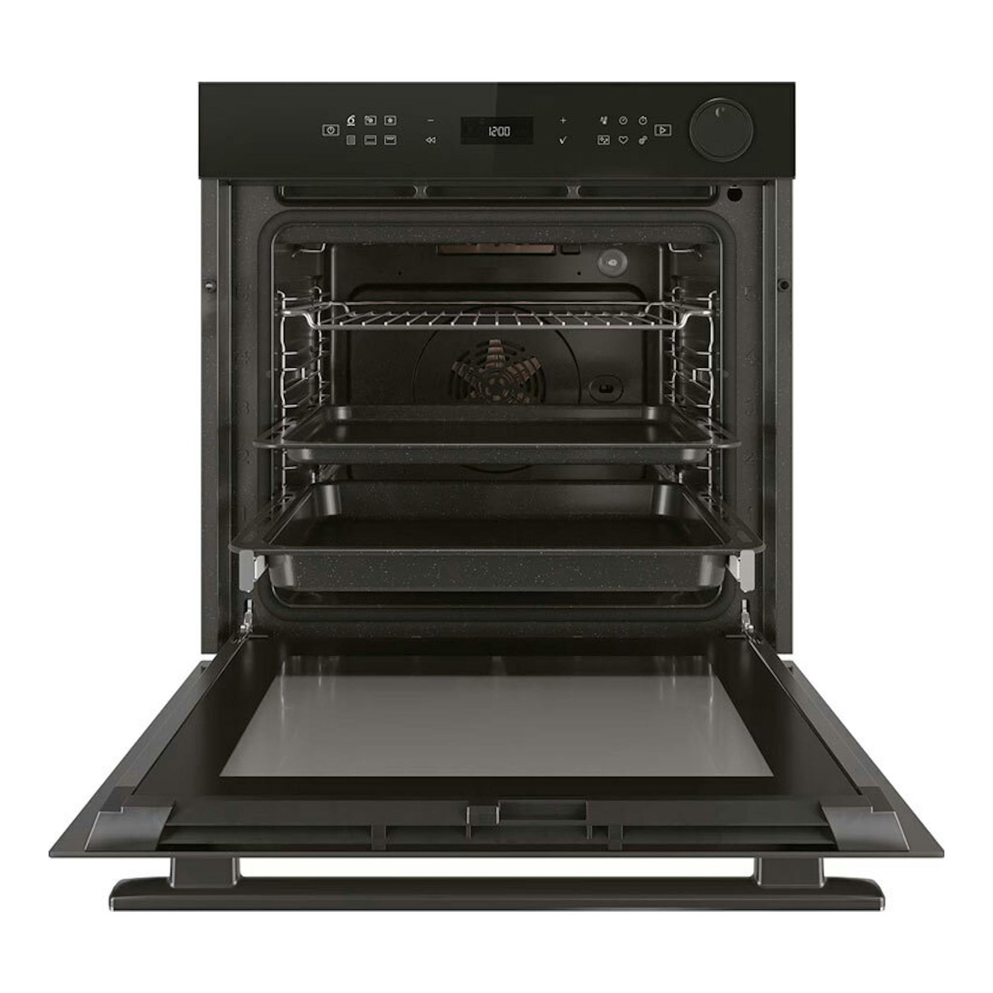 Horno Whirlpool AKZ9S 8270 NB negro, vista frontal con puerta abatible abierta e interior visible.