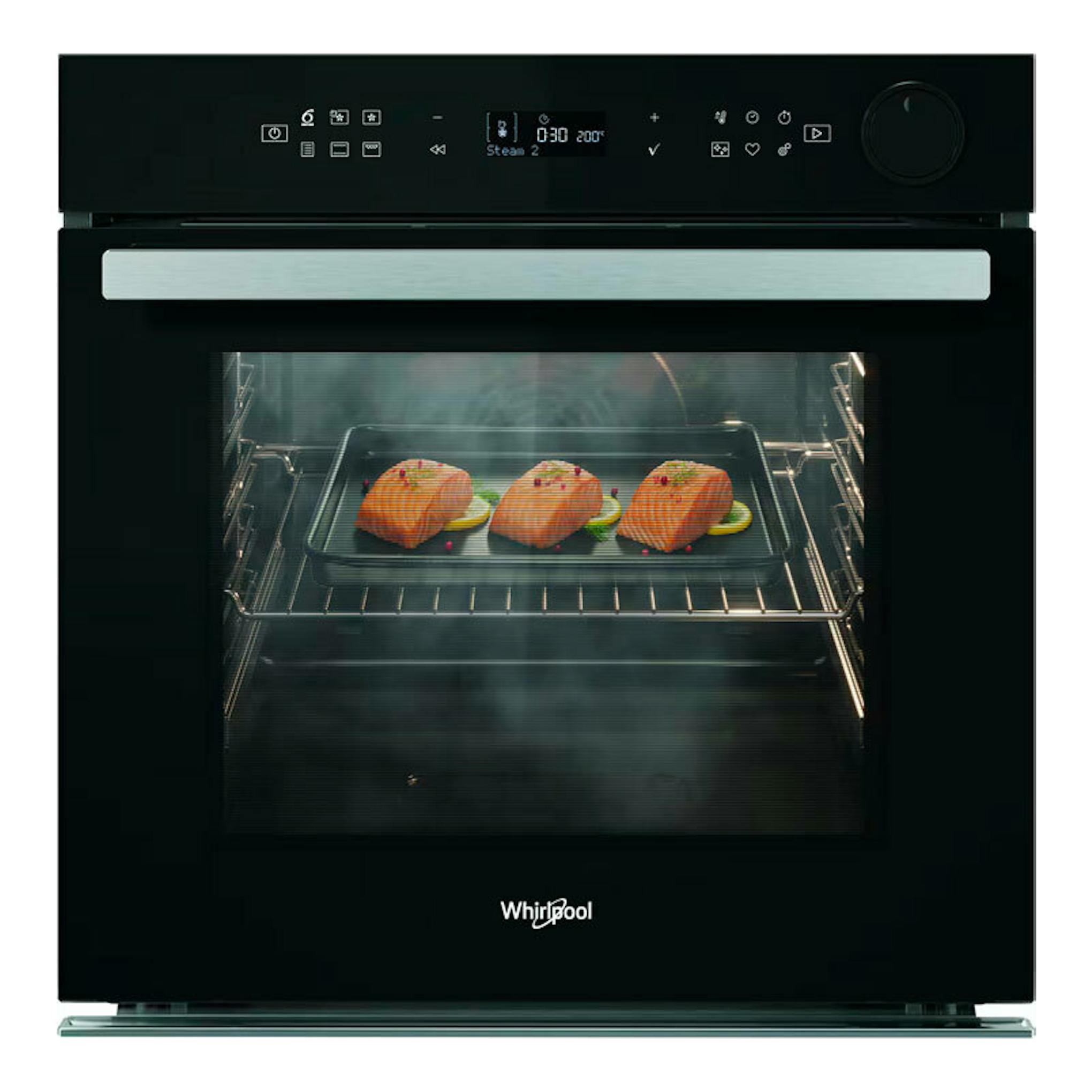 Horno Whirlpool AKZ9S 8270 NB negro, vista frontal, con bandeja y salmón en el interior.