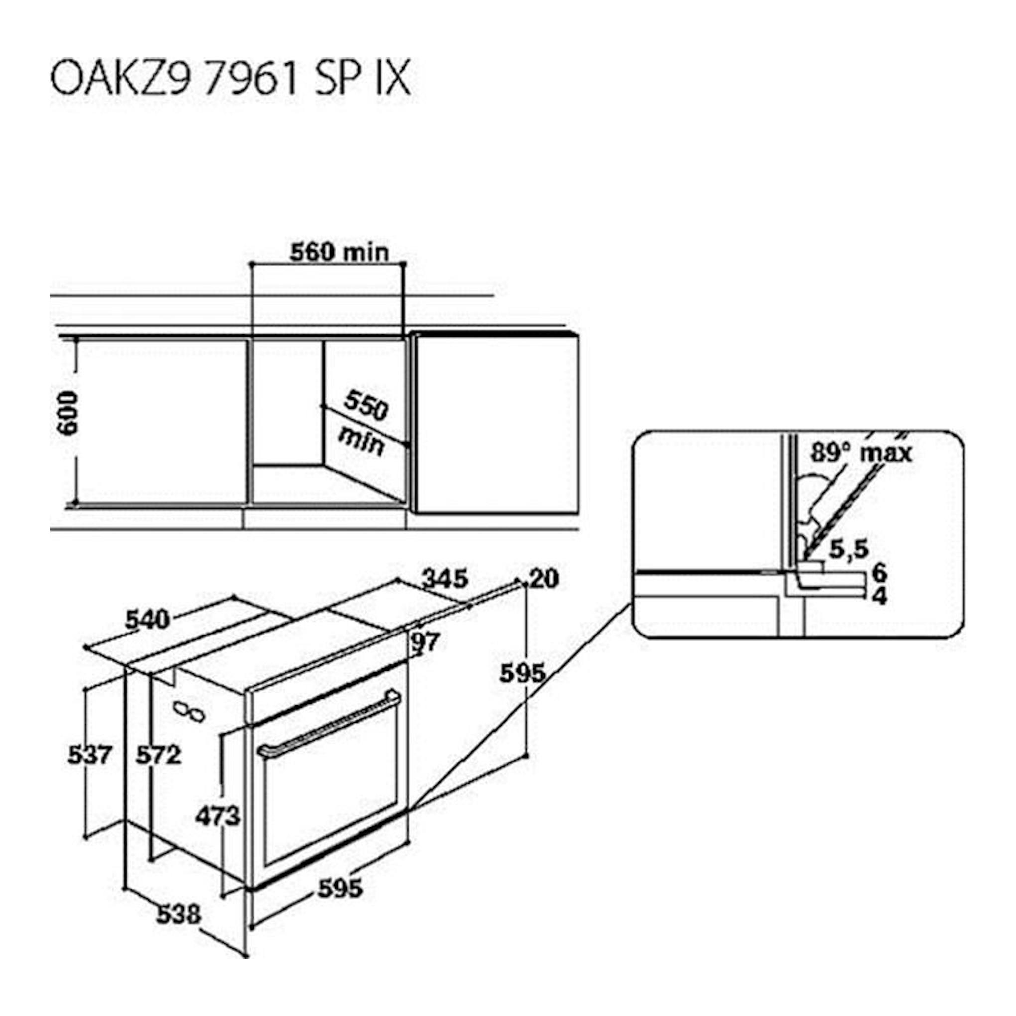 Whirlpool OAKZ97961 SP IX: plano técnico de instalación de horno empotrable en inox, con medidas y vista frontal.