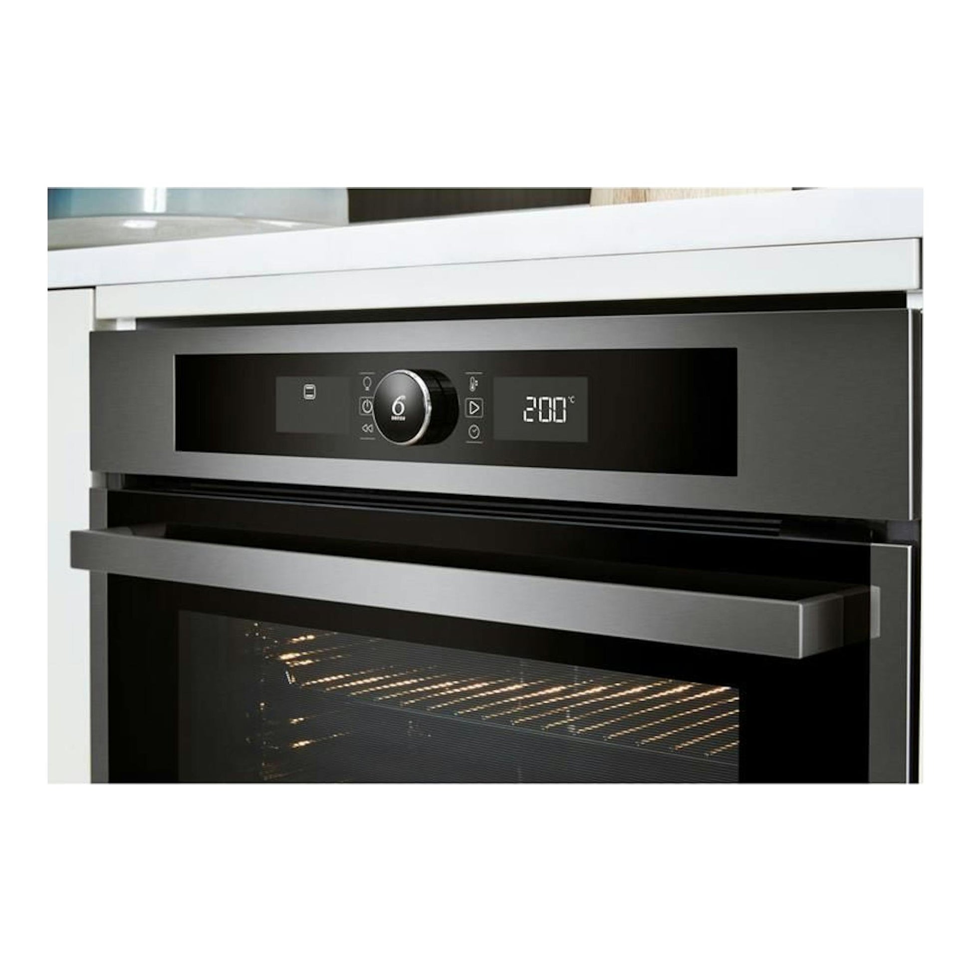 Horno empotrable Whirlpool OAKZ97961 SP IX en acero inoxidable, vista frontal con display digital a 200 °C.