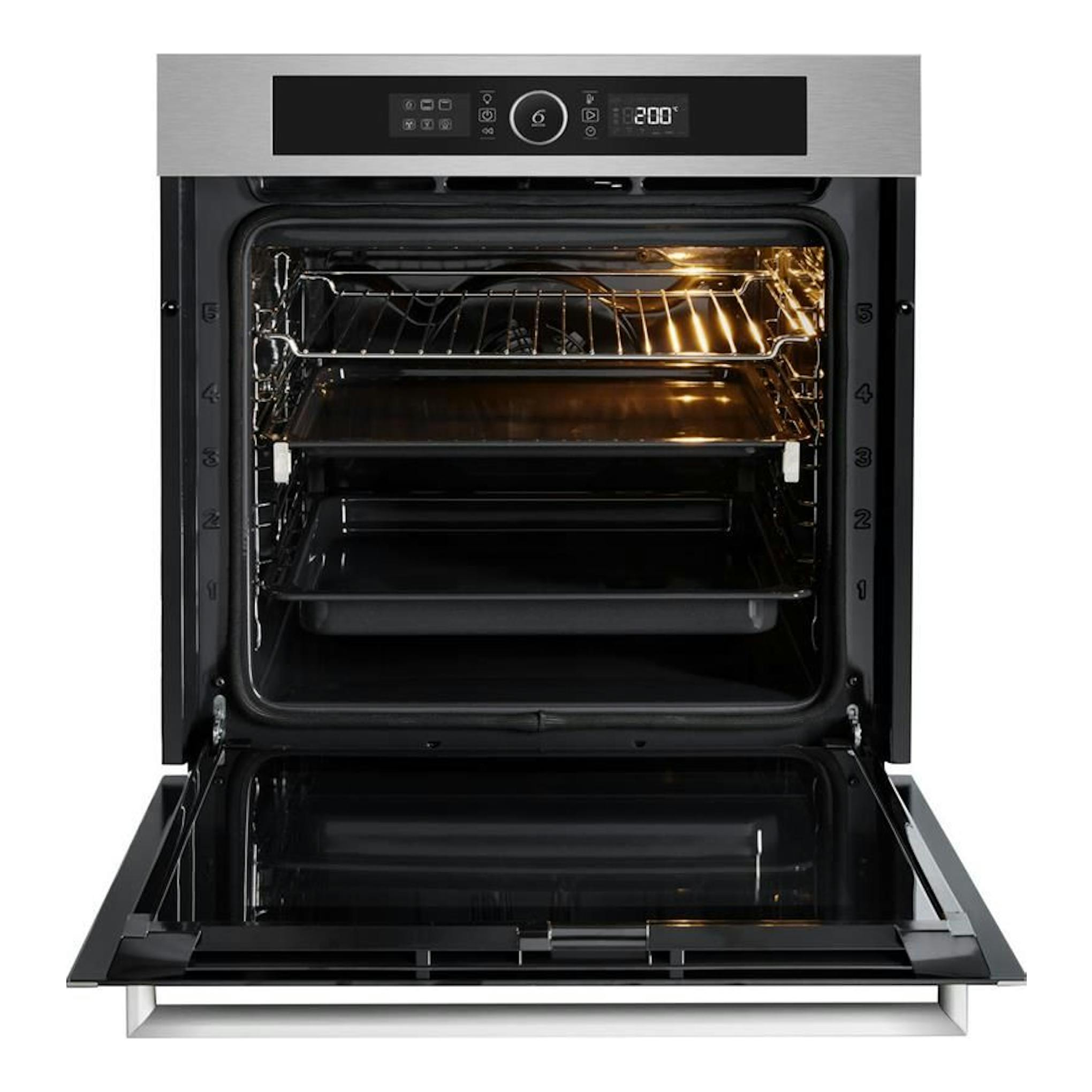 Horno Whirlpool OAKZ97961 SP IX inox, vista frontal con la puerta abierta y cavidad interior negra.