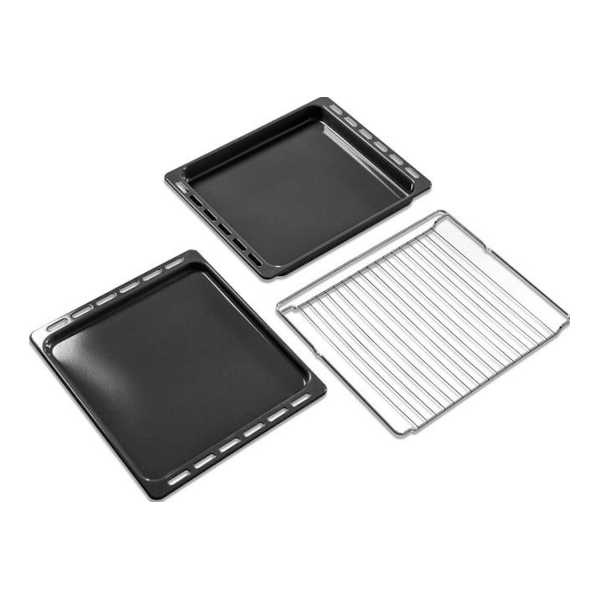 Bandejas y rejilla de horno Whirlpool OAKZ97961 SP IX sobre fondo blanco.
