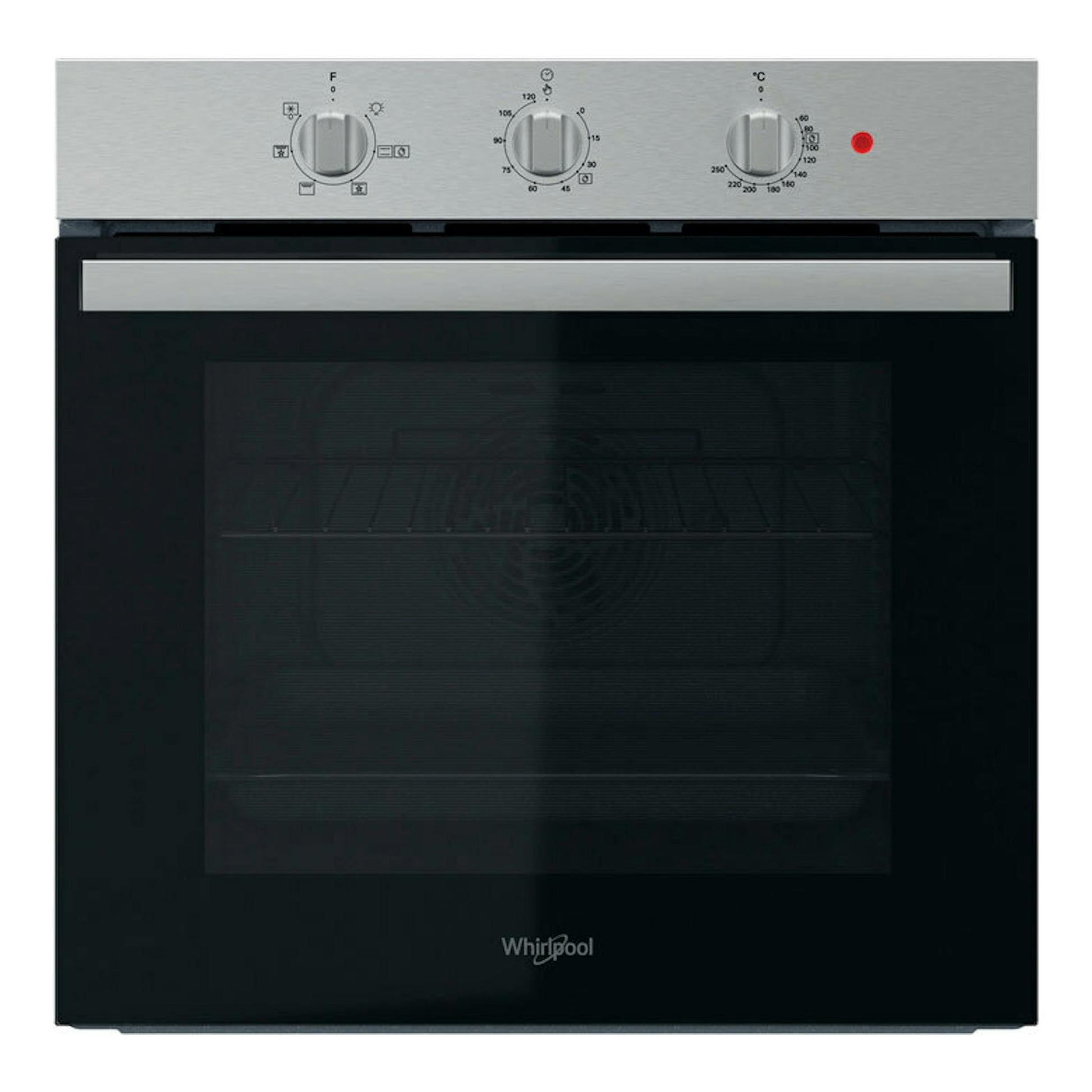 Horno Whirlpool OMR35HR0X inox, vista frontal, panel superior plateado y puerta negra con cristal.