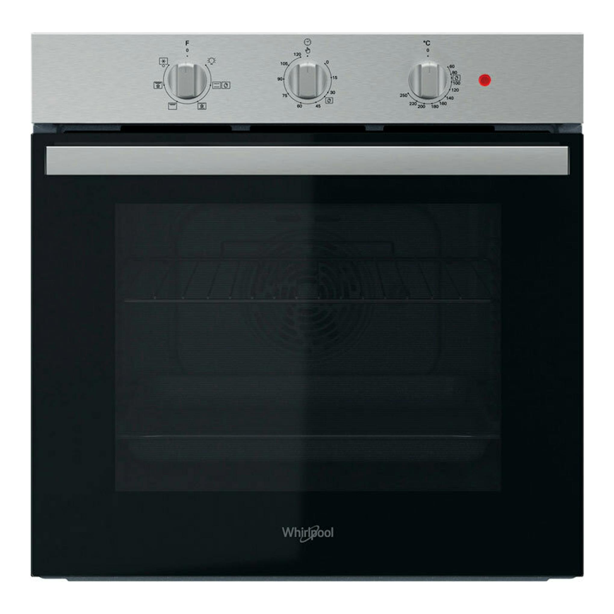 Horno Whirlpool OMR35HR0X inox, vista frontal, panel superior plateado y puerta negra con cristal.