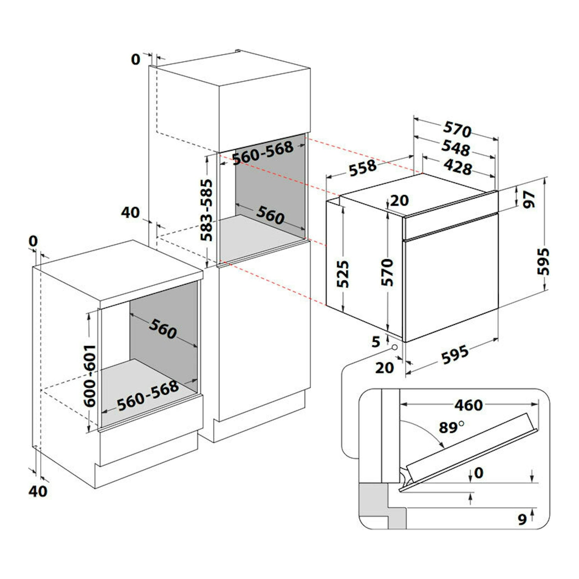 Diagrama técnico del horno empotrable Whirlpool OMR35HR0X inox, con vistas frontal y lateral y medidas.
