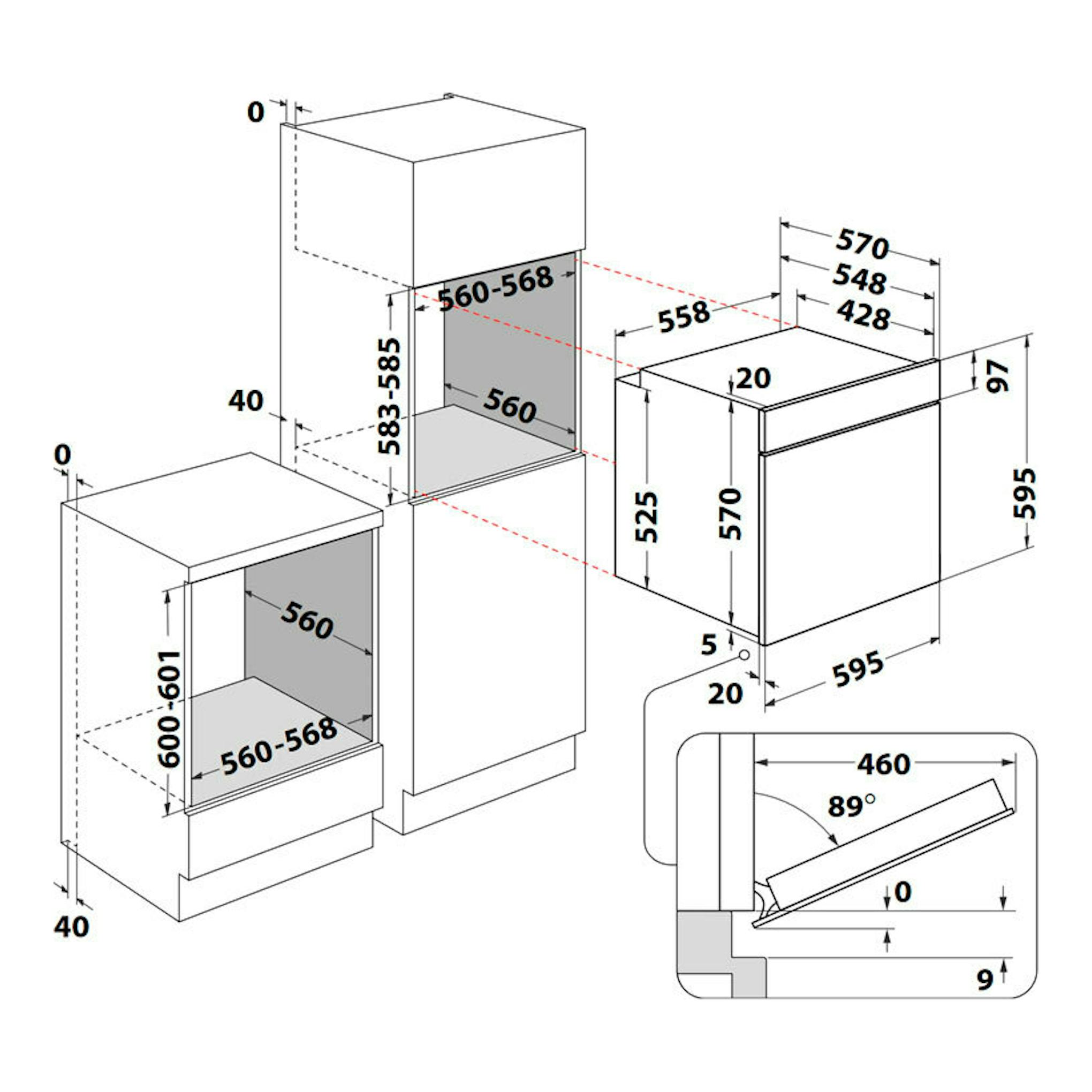 Diagrama técnico del horno empotrable Whirlpool OMR35HR0X inox, con vistas frontal y lateral y medidas.