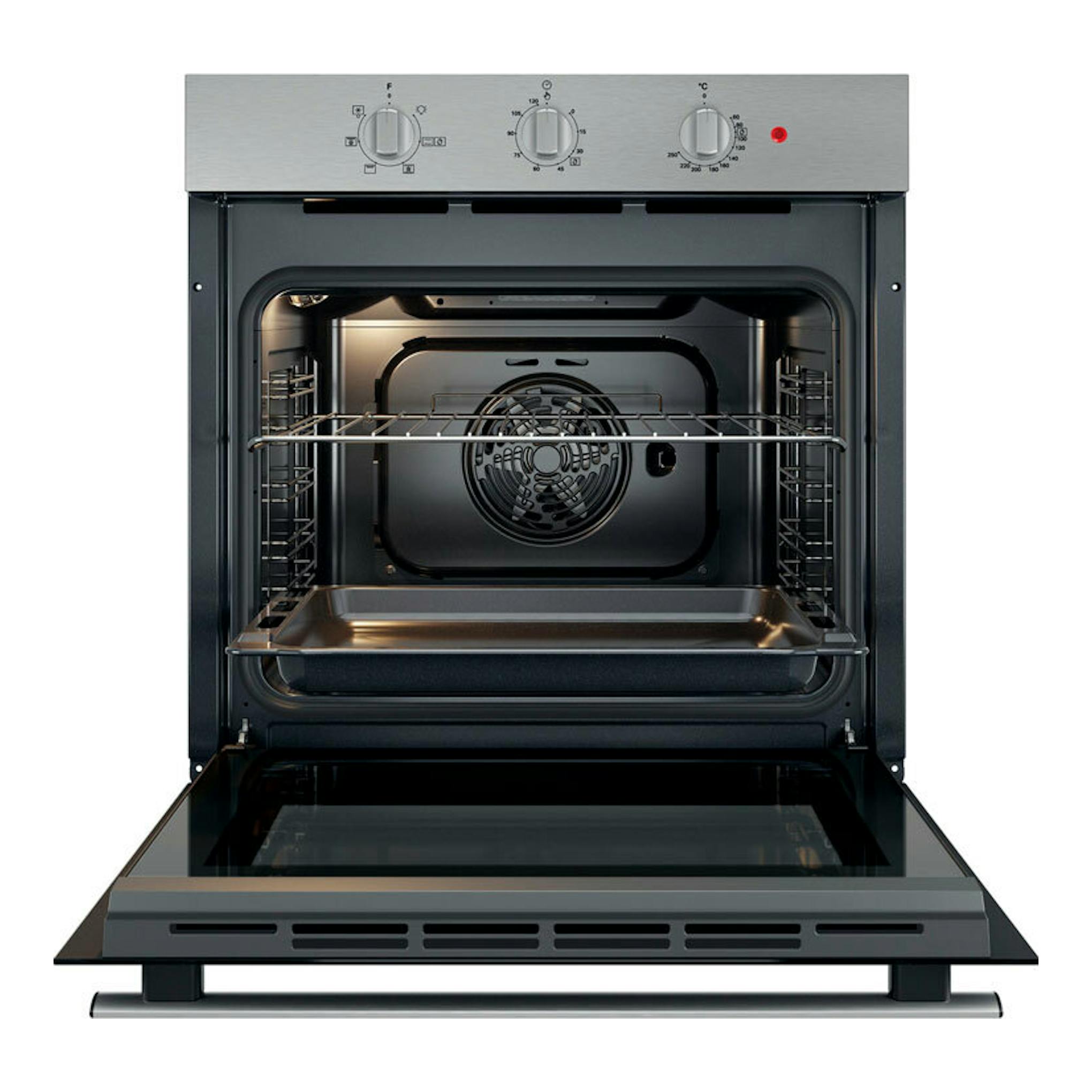 Horno Whirlpool OMR35HR0X inox, vista frontal con puerta abatible abierta e interior visible.