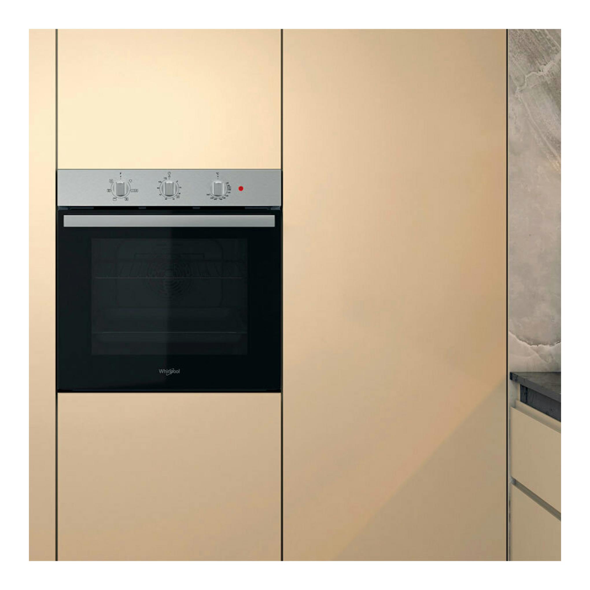 Horno empotrado Whirlpool OMR35HR0X en inox, vista frontal, con puerta negra y tres mandos.