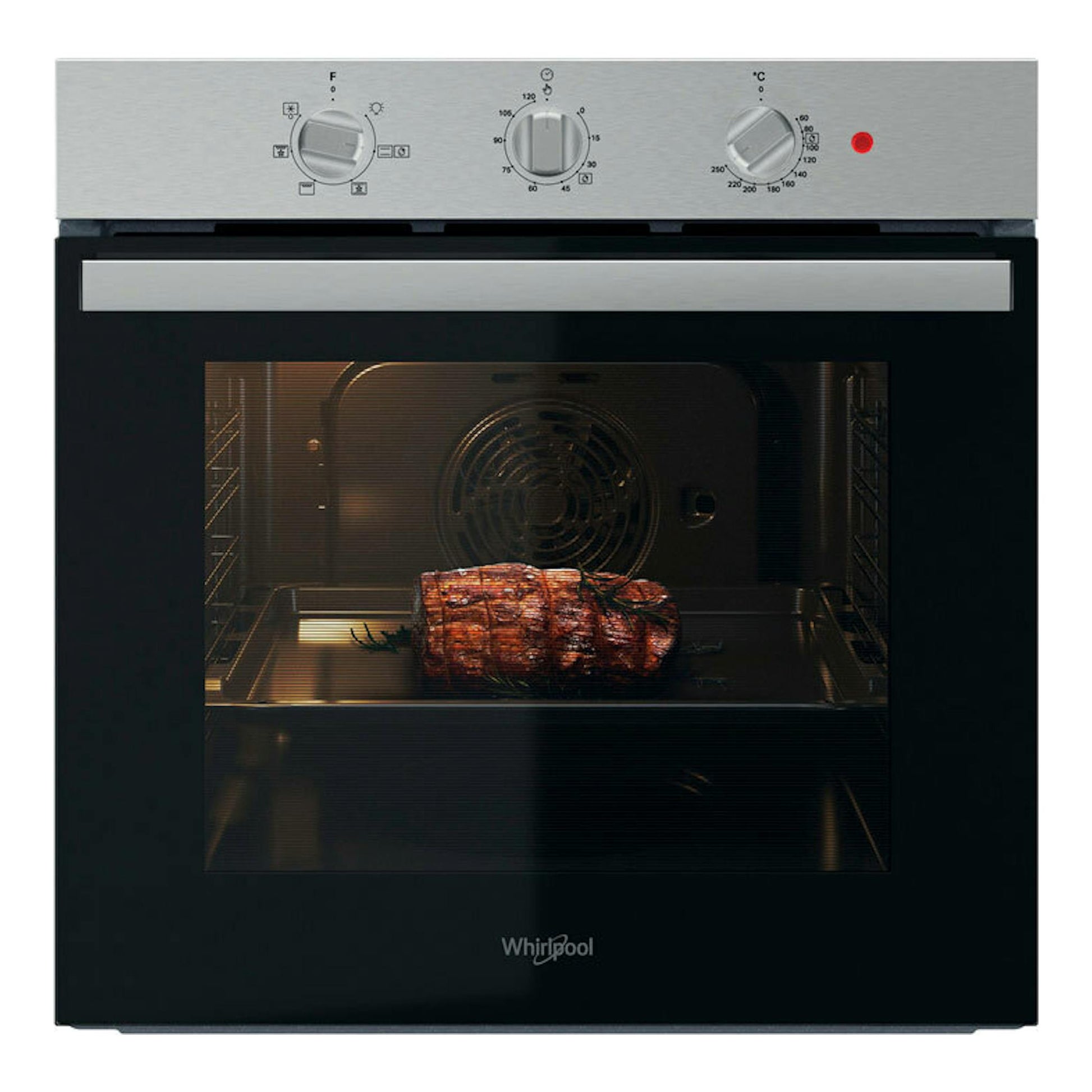 Horno Whirlpool OMR35HR0X inox, vista frontal, puerta de vidrio negro, tres mandos y asado visible.