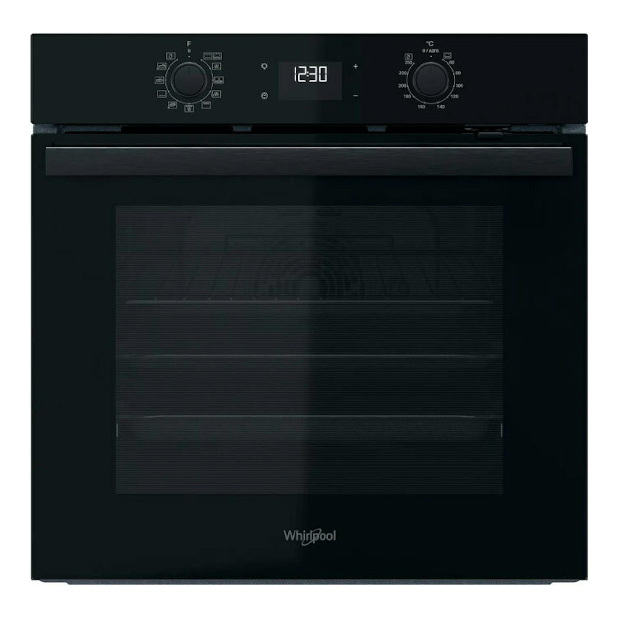 Horno Whirlpool OMR58HU1B de cristal negro, vista frontal con panel digital y dos mandos.