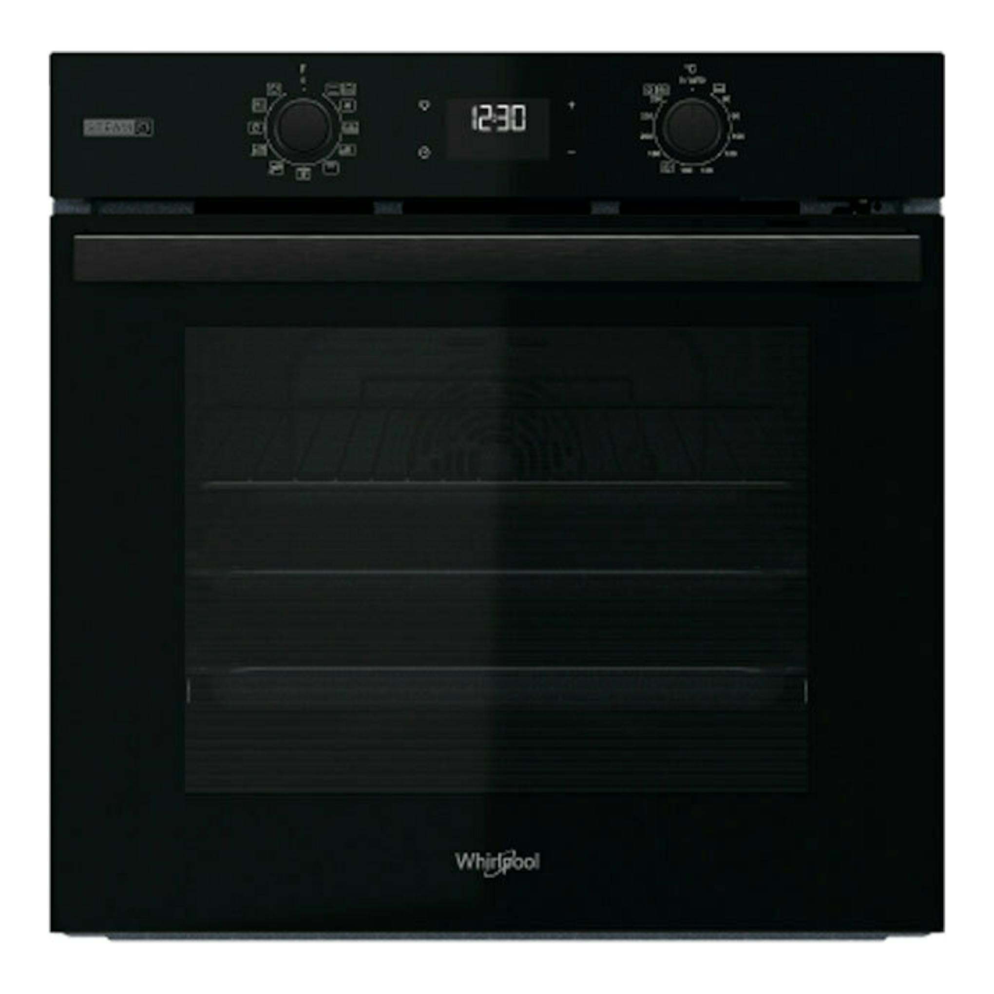 Horno empotrable Whirlpool OMSR58RU1SB negro, vista frontal, con panel digital y dos mandos.