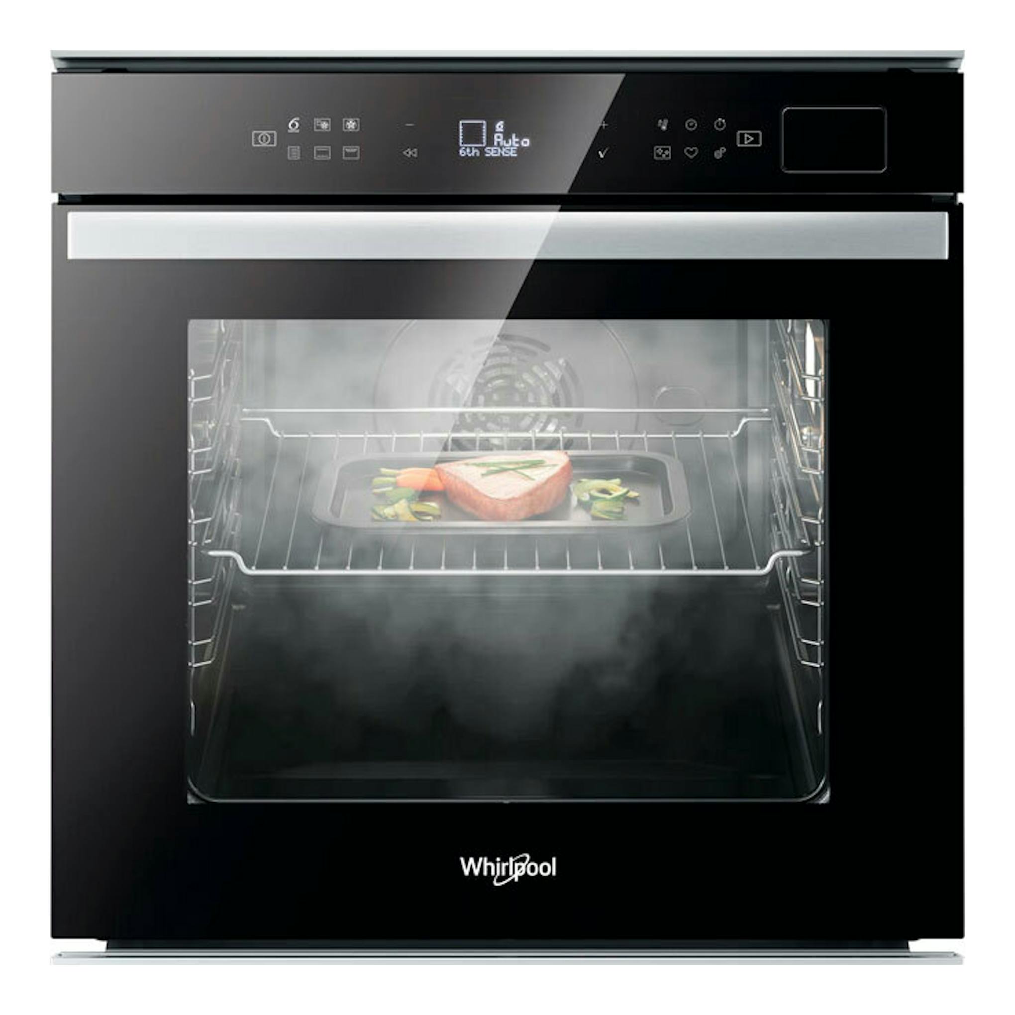Horno empotrable Whirlpool W6 OS4 4S1 H BL de cristal negro, vista frontal, con panel táctil y bandeja interior.
