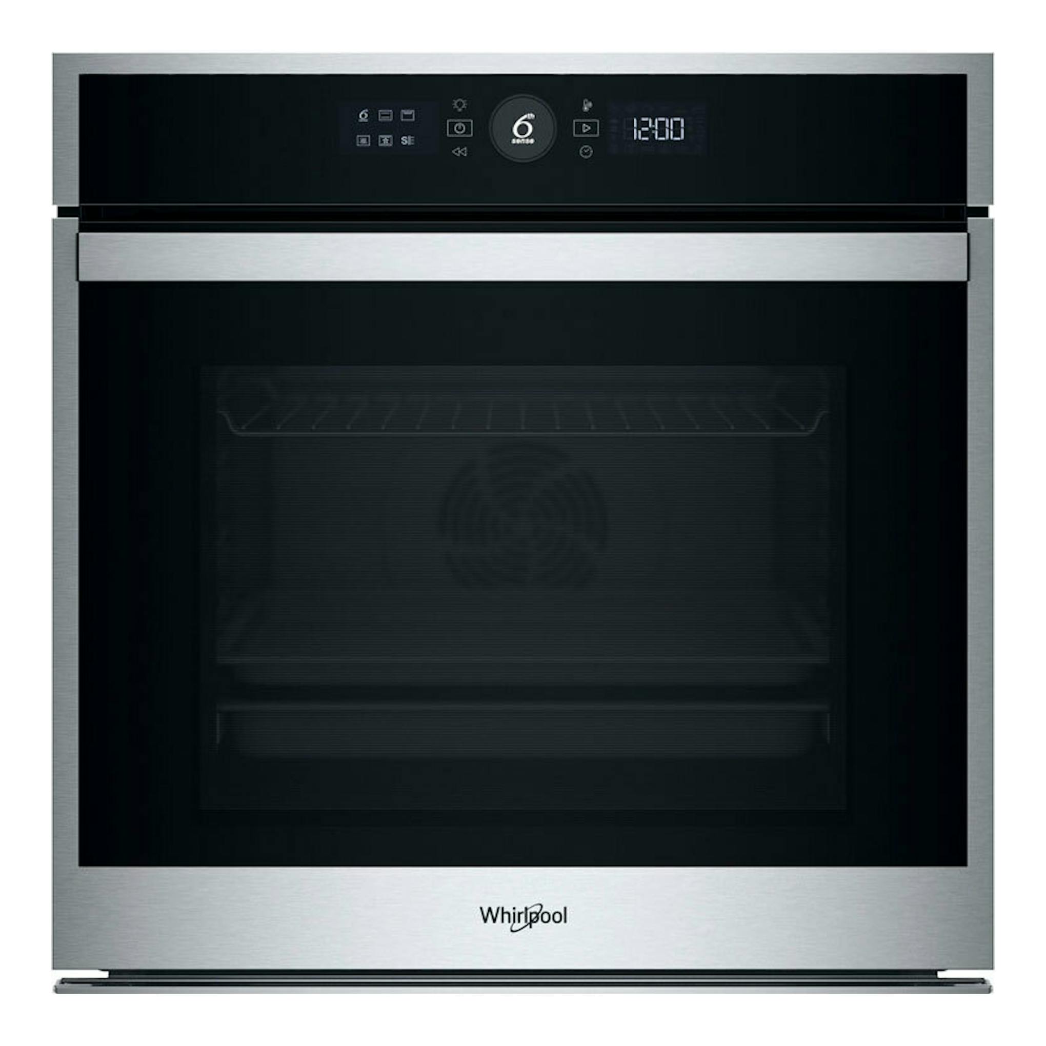 Horno Whirlpool WOI4S8HM1SXA inox, vista frontal, puerta de cristal negro y panel digital superior.
