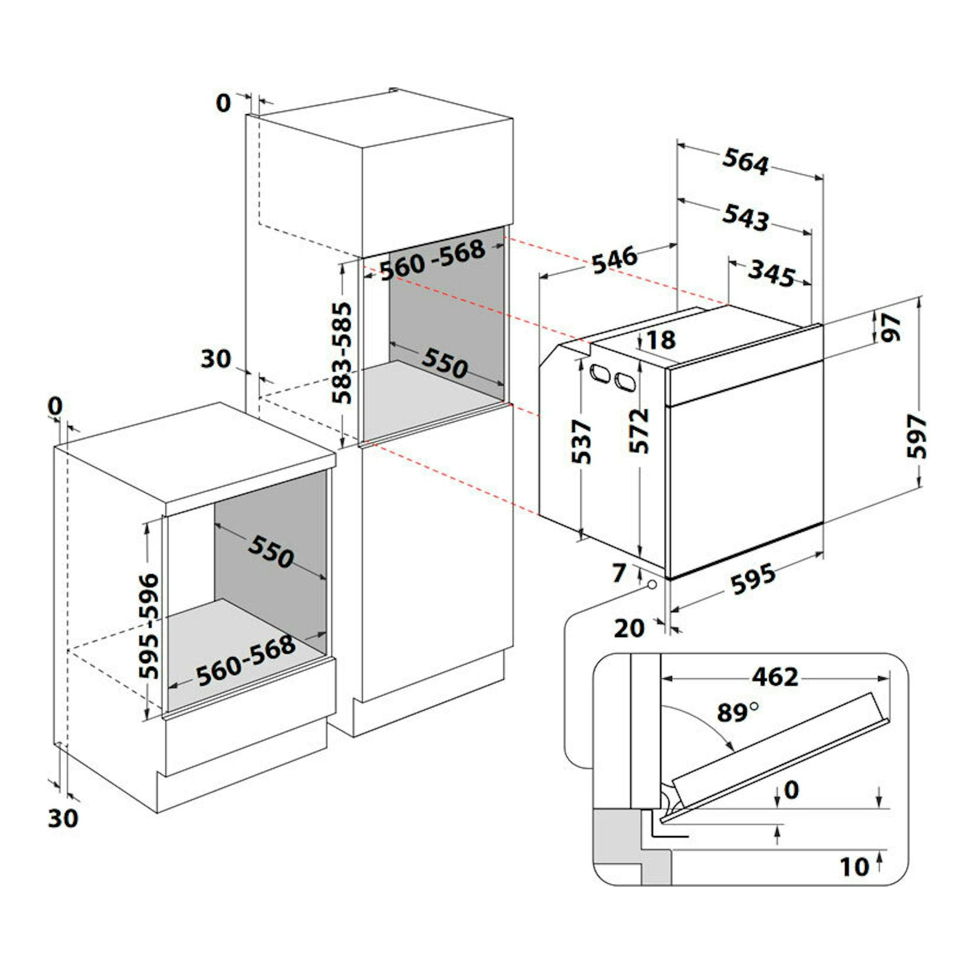 Diagrama técnico del horno empotrable Whirlpool WOI4S8HM1SXA inox, con medidas y vista isométrica.