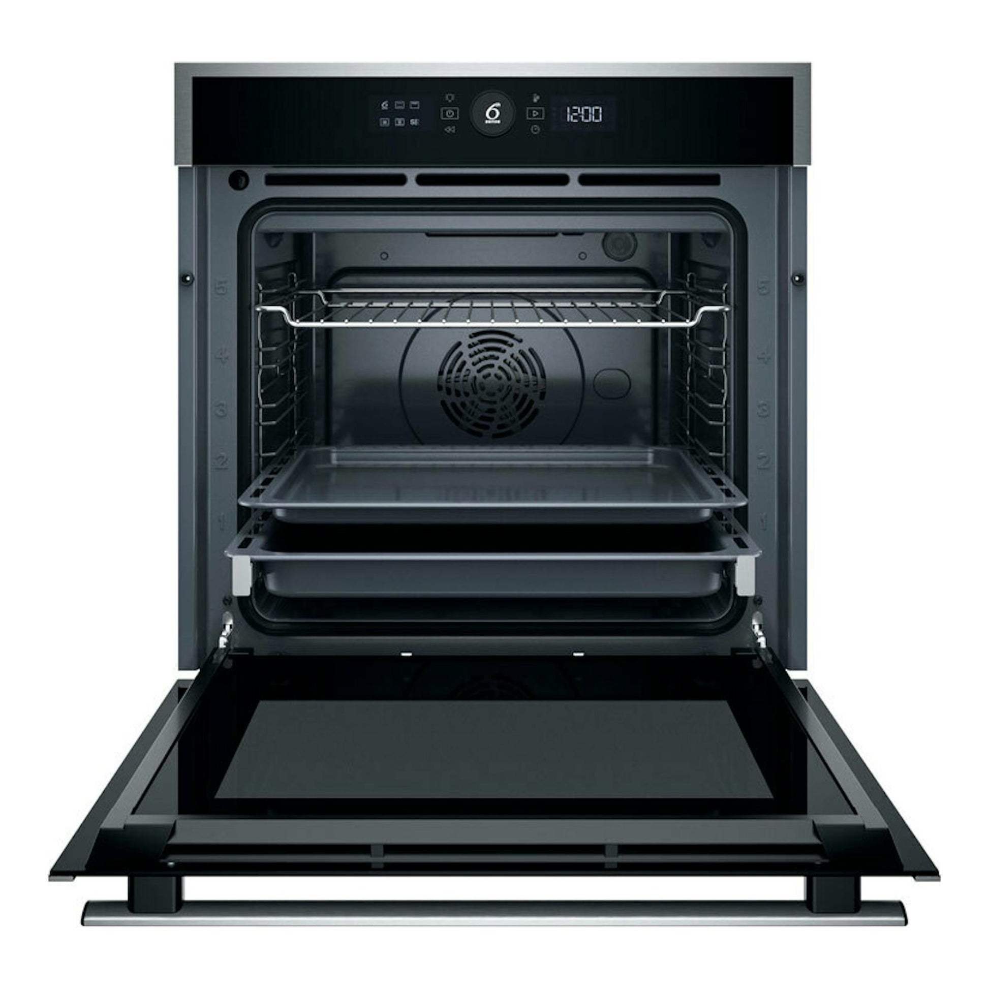 Horno Whirlpool WOI4S8HM1SXA en inox, vista frontal con la puerta abierta y el interior visible.