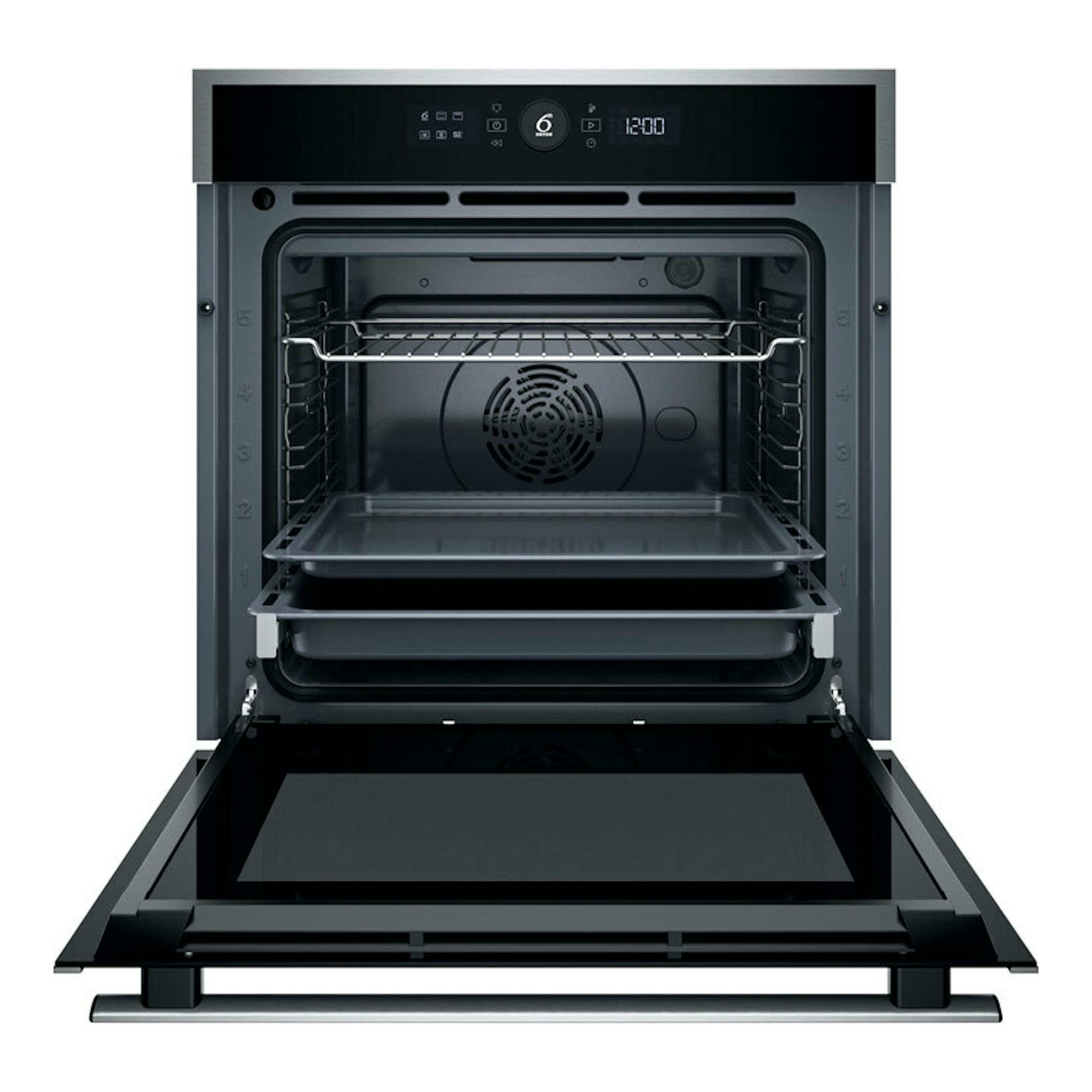 Horno Whirlpool WOI4S8HM1SXA en inox, vista frontal con la puerta abierta y el interior visible.