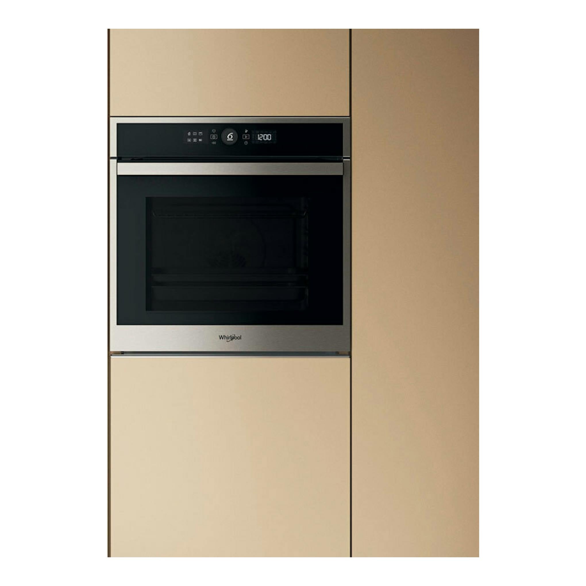 Horno empotrado Whirlpool WOI4S8HM1SXA inox, vista frontal, integrado en mueble beige.